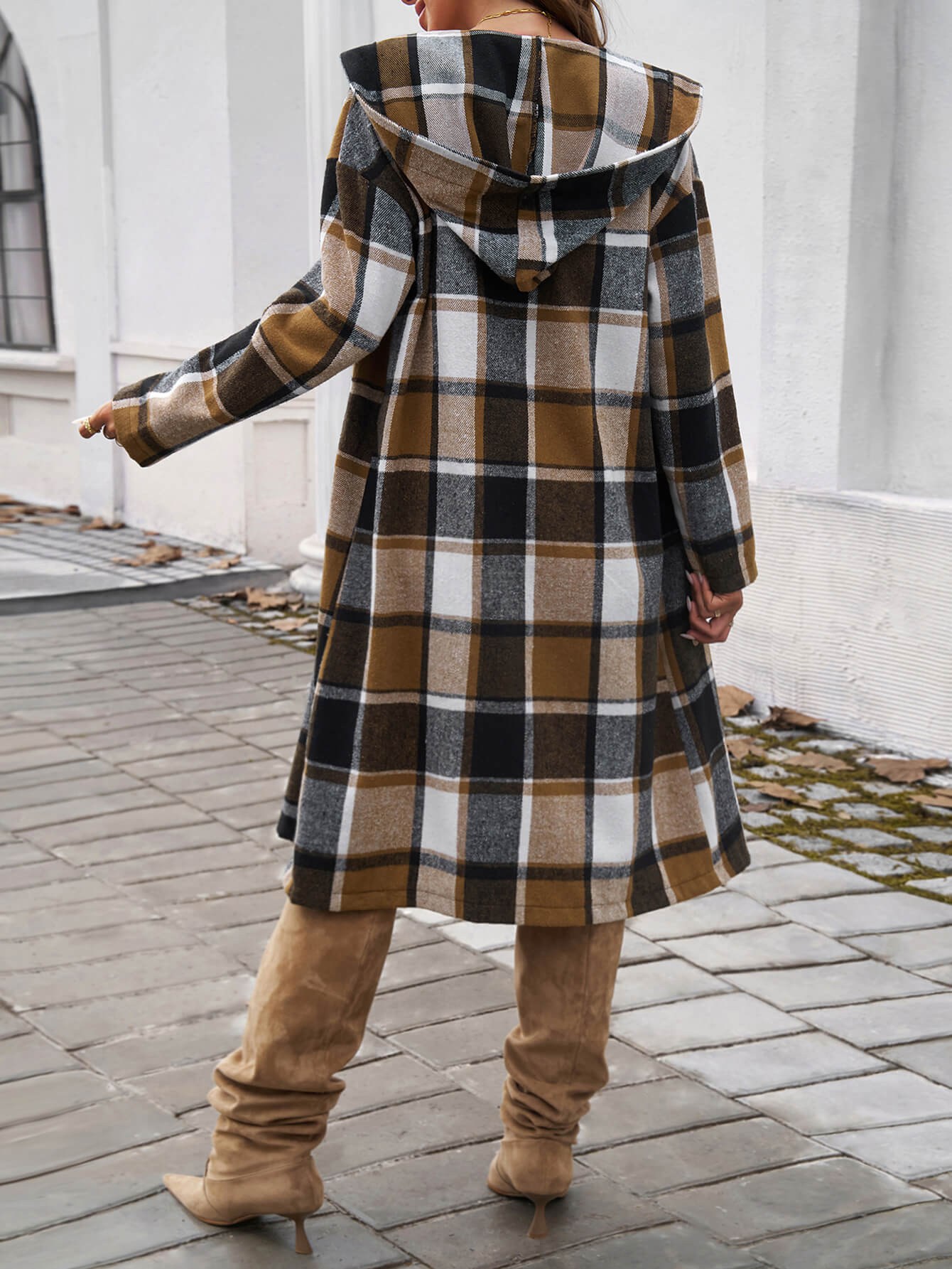 Town Stroll Plaid Hooded Coat - Brown - Image 6