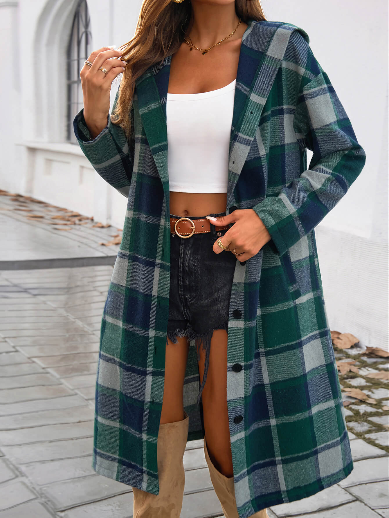 Town Stroll Plaid Hooded Coat - Green - Image 5