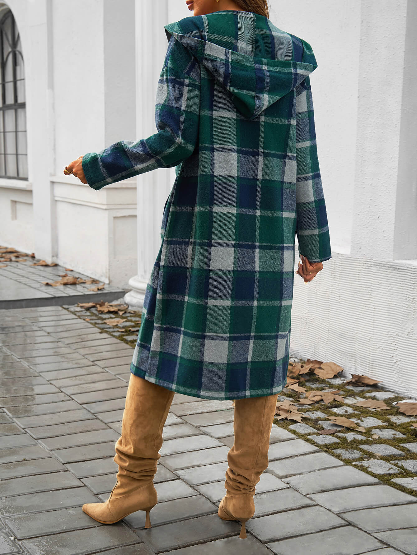 Town Stroll Plaid Hooded Coat - Green - Image 6