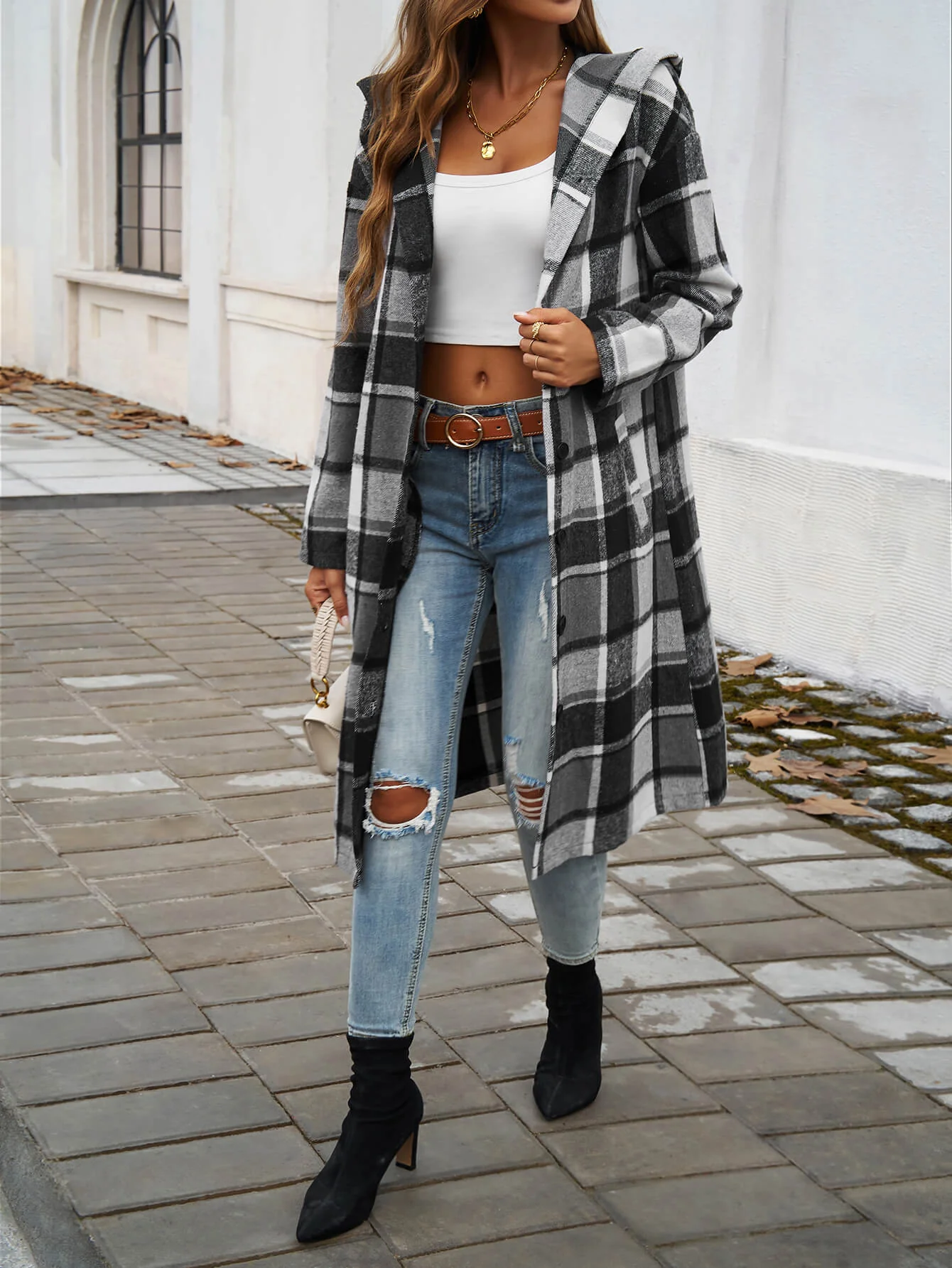 Town Stroll Plaid Hooded Coat - Grey - Image 2