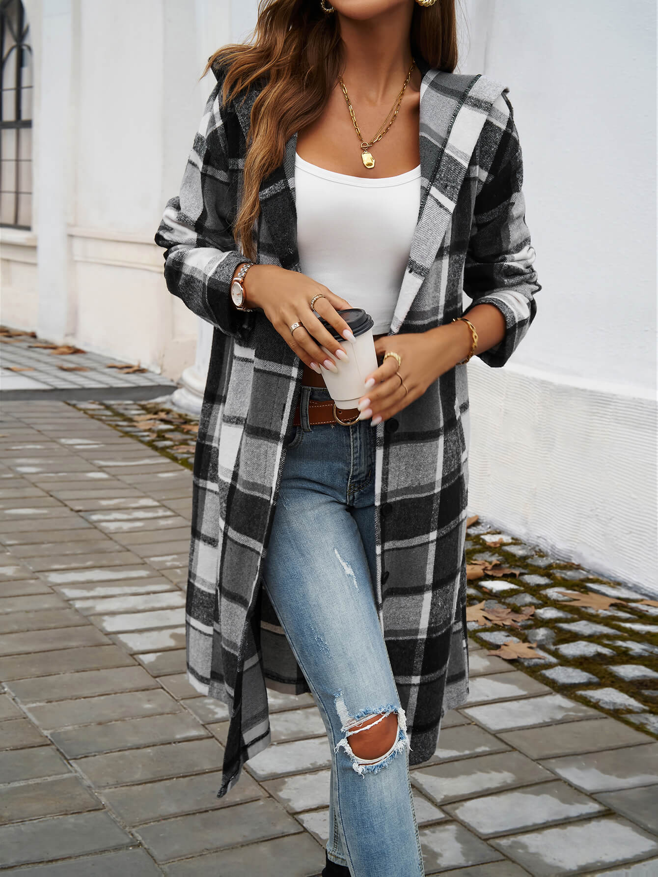 Town Stroll Plaid Hooded Coat - Grey - Image 3