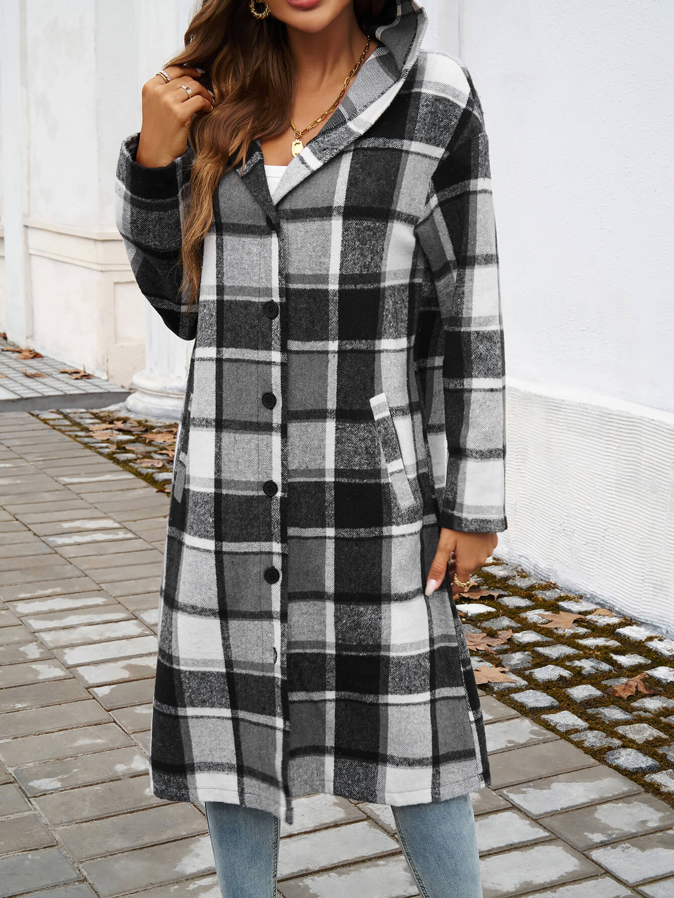 Town Stroll Plaid Hooded Coat - Grey - Image 4