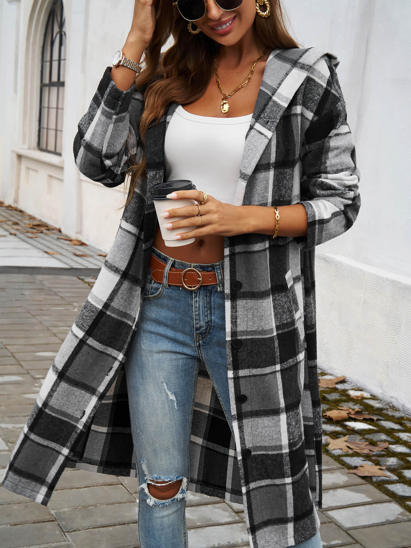 Town Stroll Plaid Hooded Coat - Grey - Image 5