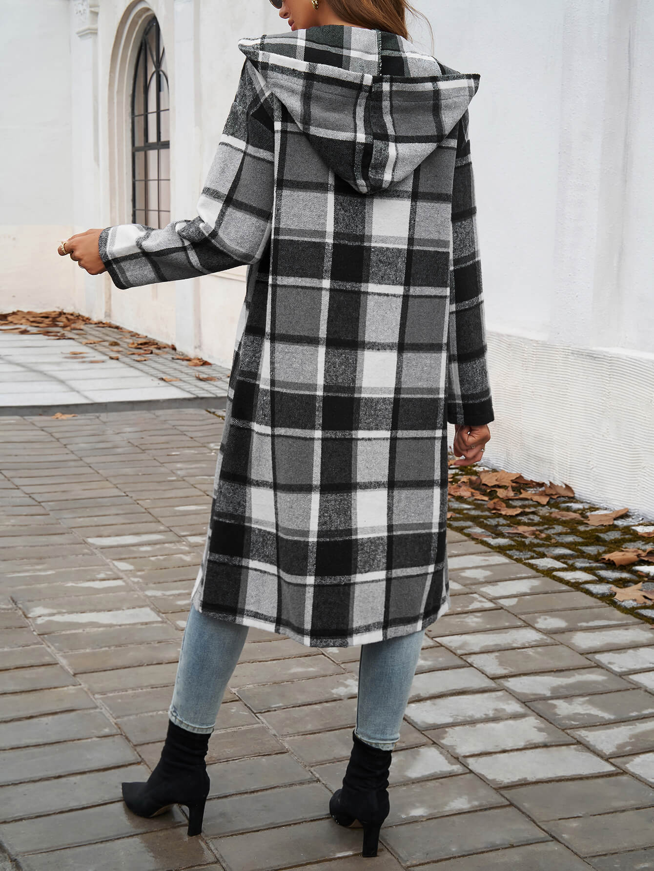 Town Stroll Plaid Hooded Coat - Grey - Image 6