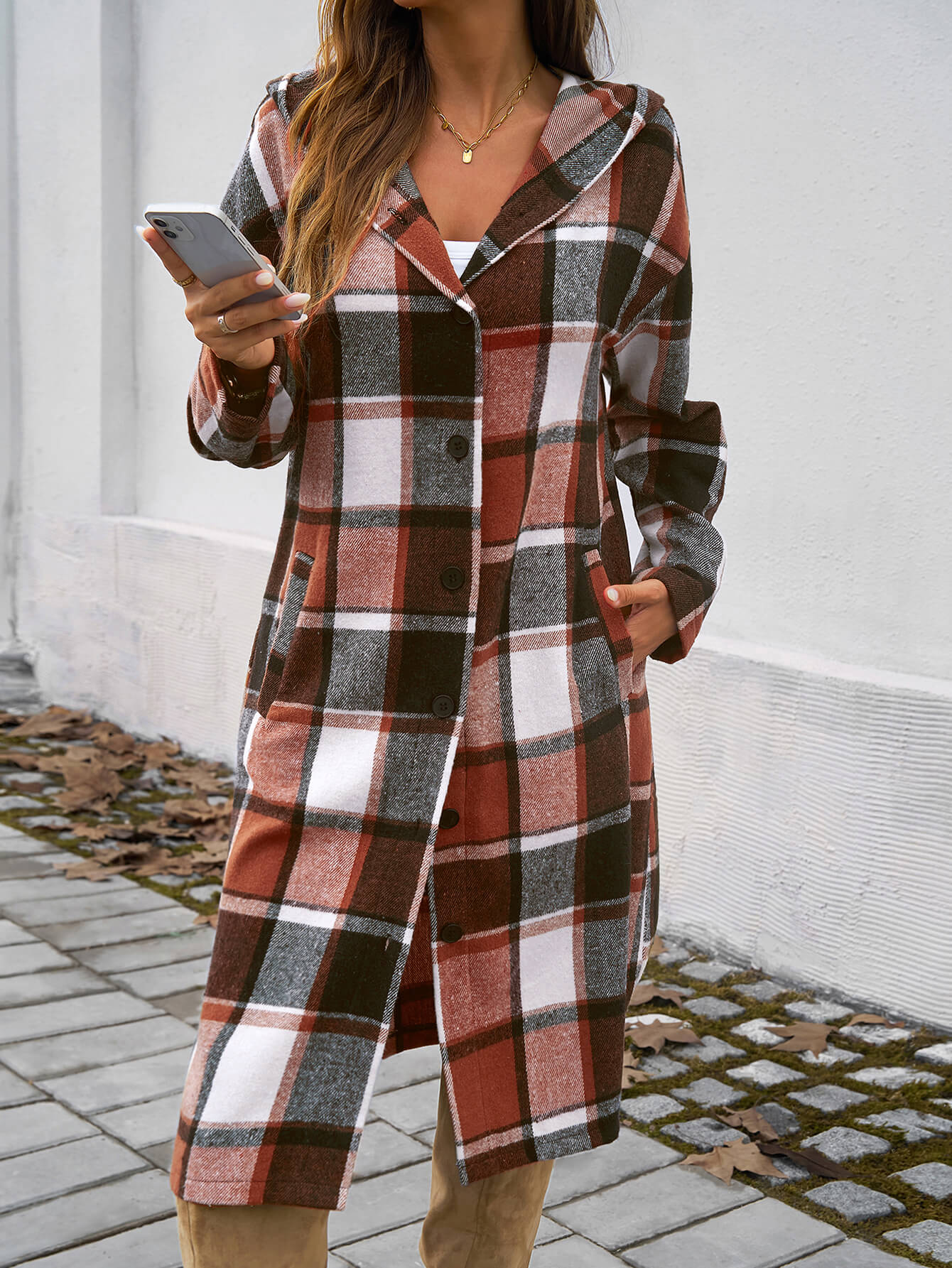 Town Stroll Plaid Hooded Coat - Rust - Image 4