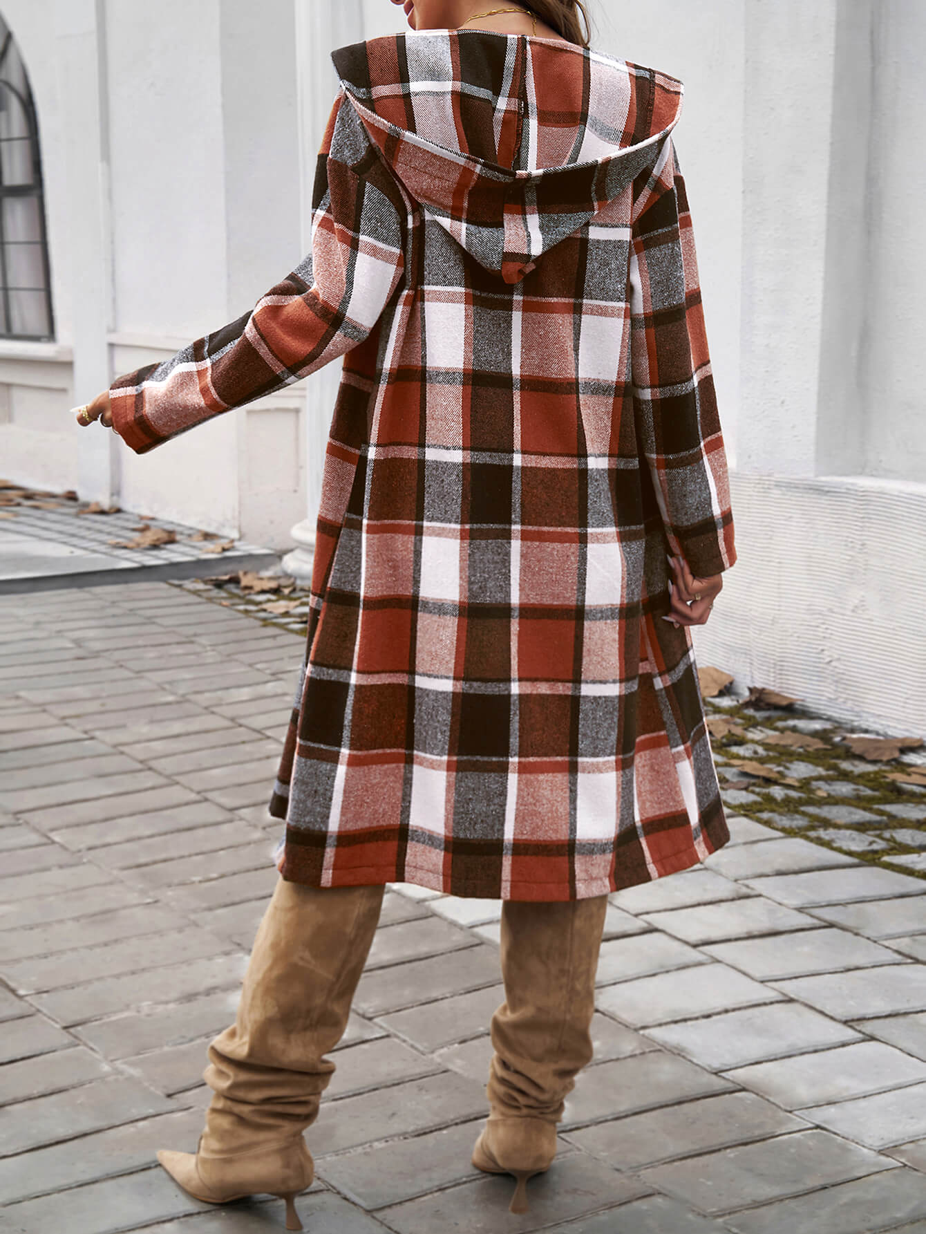 Town Stroll Plaid Hooded Coat - Rust - Image 6