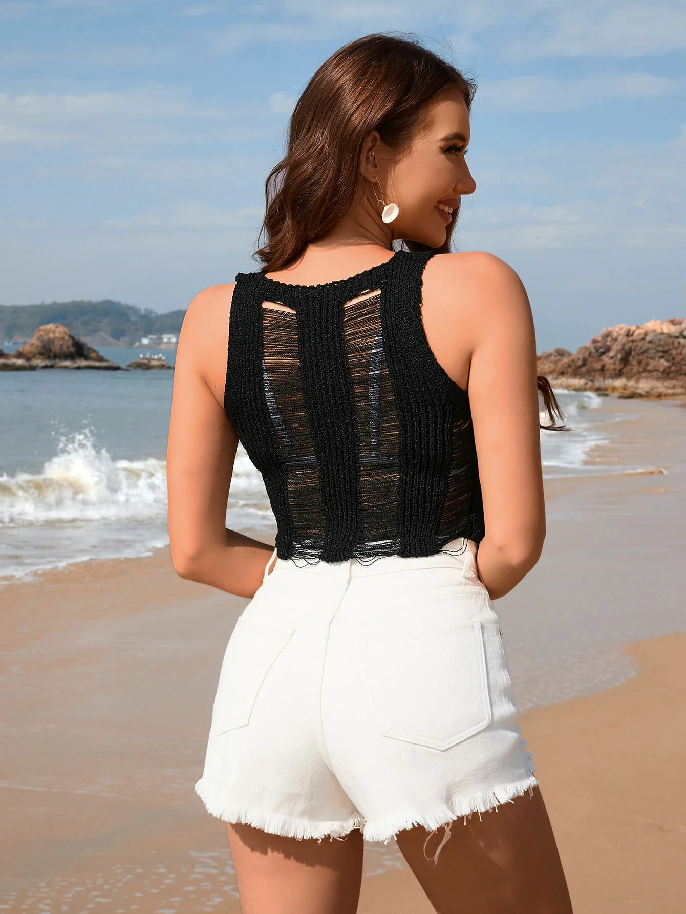Trina Sleeveless Crochet Ripped Knit Tank - Black - Image 4