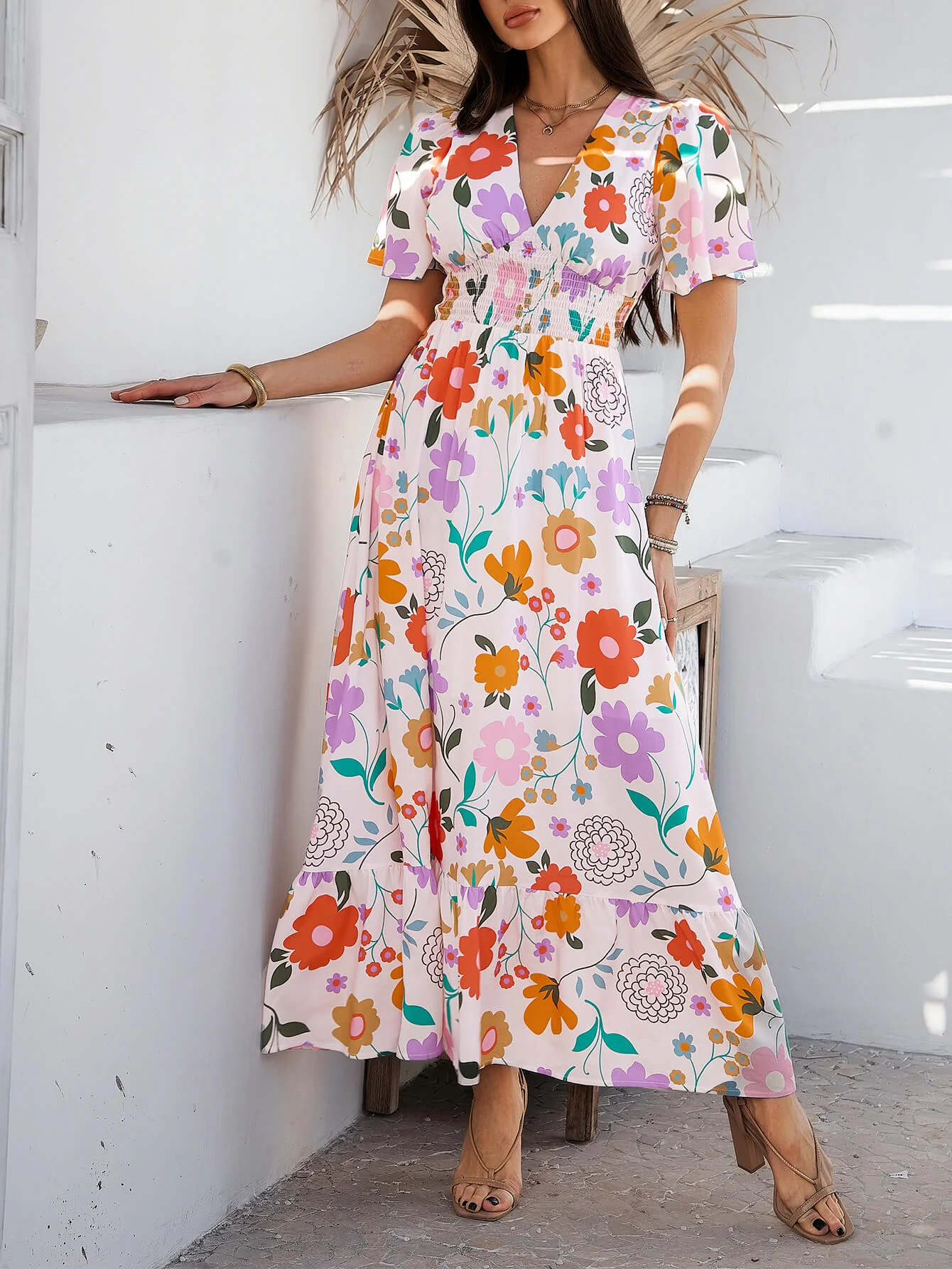 Tropical Drift Abstract Floral Maxi Dress - beige - Image 3