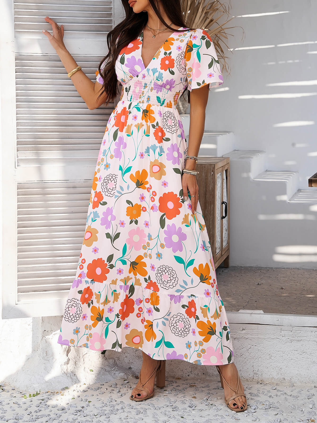 Tropical Drift Abstract Floral Maxi Dress - beige - Image 4