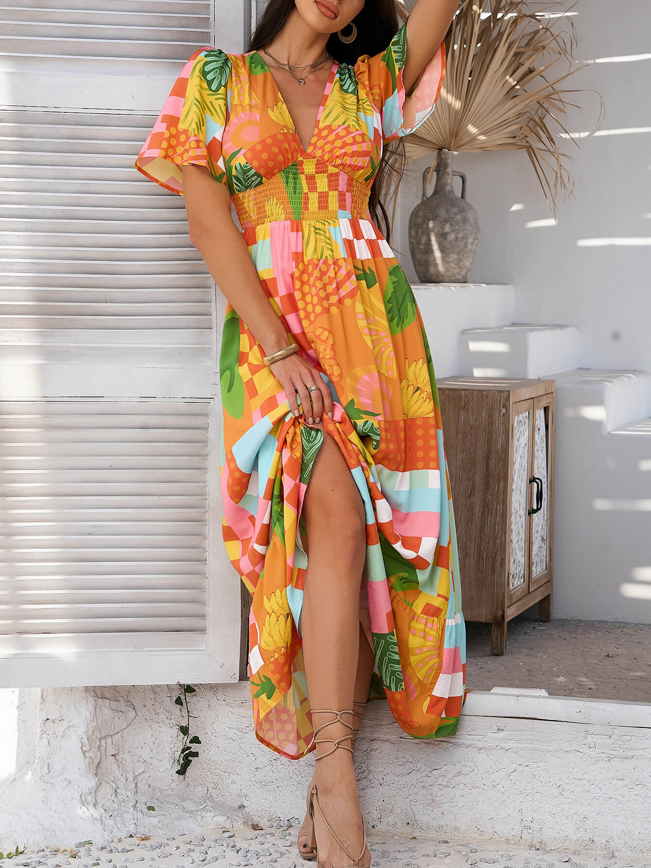 Tropical Drift Abstract Floral Maxi Dress - orange - Image 3
