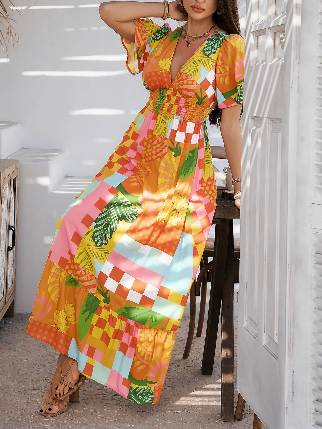 Tropical Drift Abstract Floral Maxi Dress - orange - Image 4