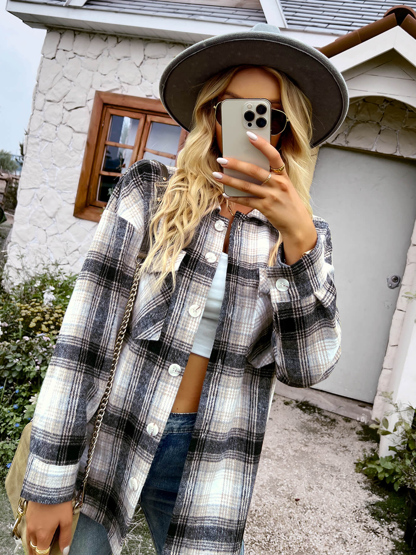 TYPICAL FALL POCKETED PLAID SHACKET - BLACK - Image 2