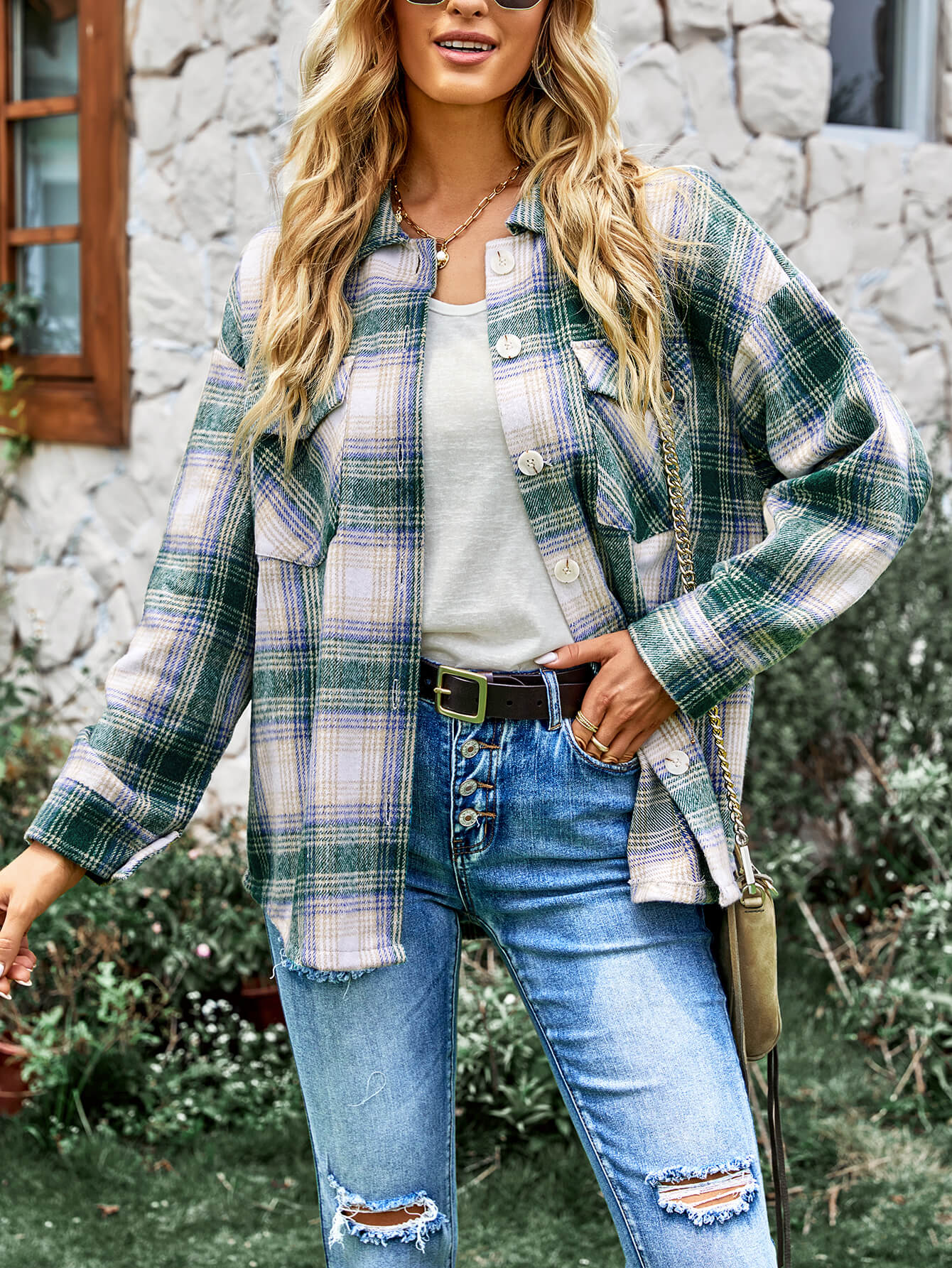 TYPICAL FALL POCKETED PLAID SHACKET - GREEN - Image 4