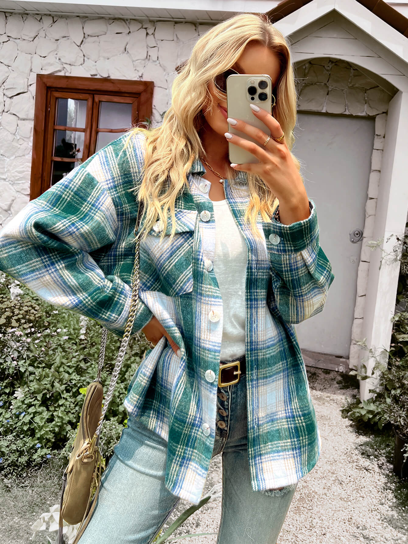 TYPICAL FALL POCKETED PLAID SHACKET - GREEN - Image 5
