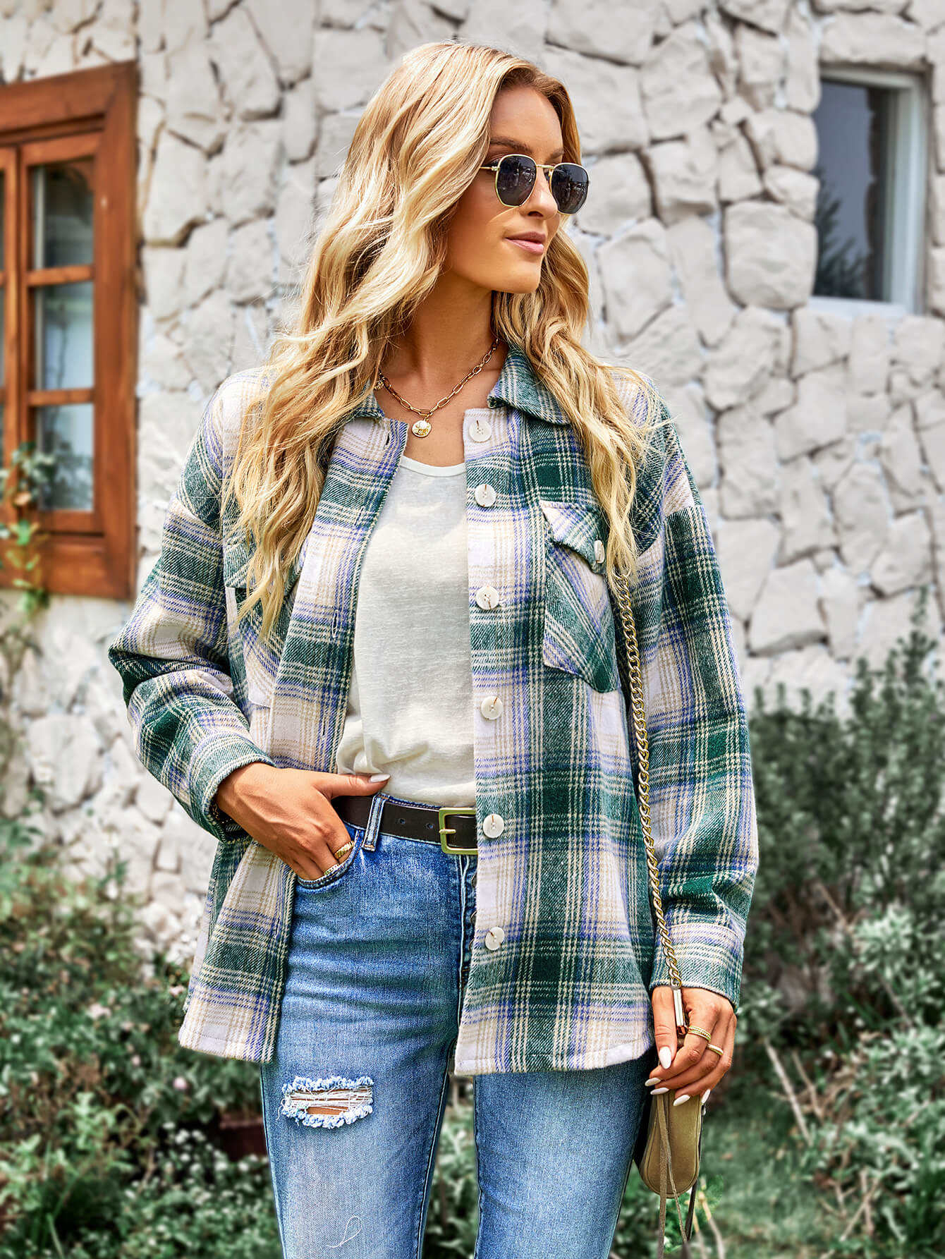 TYPICAL FALL POCKETED PLAID SHACKET - GREEN - Image 6