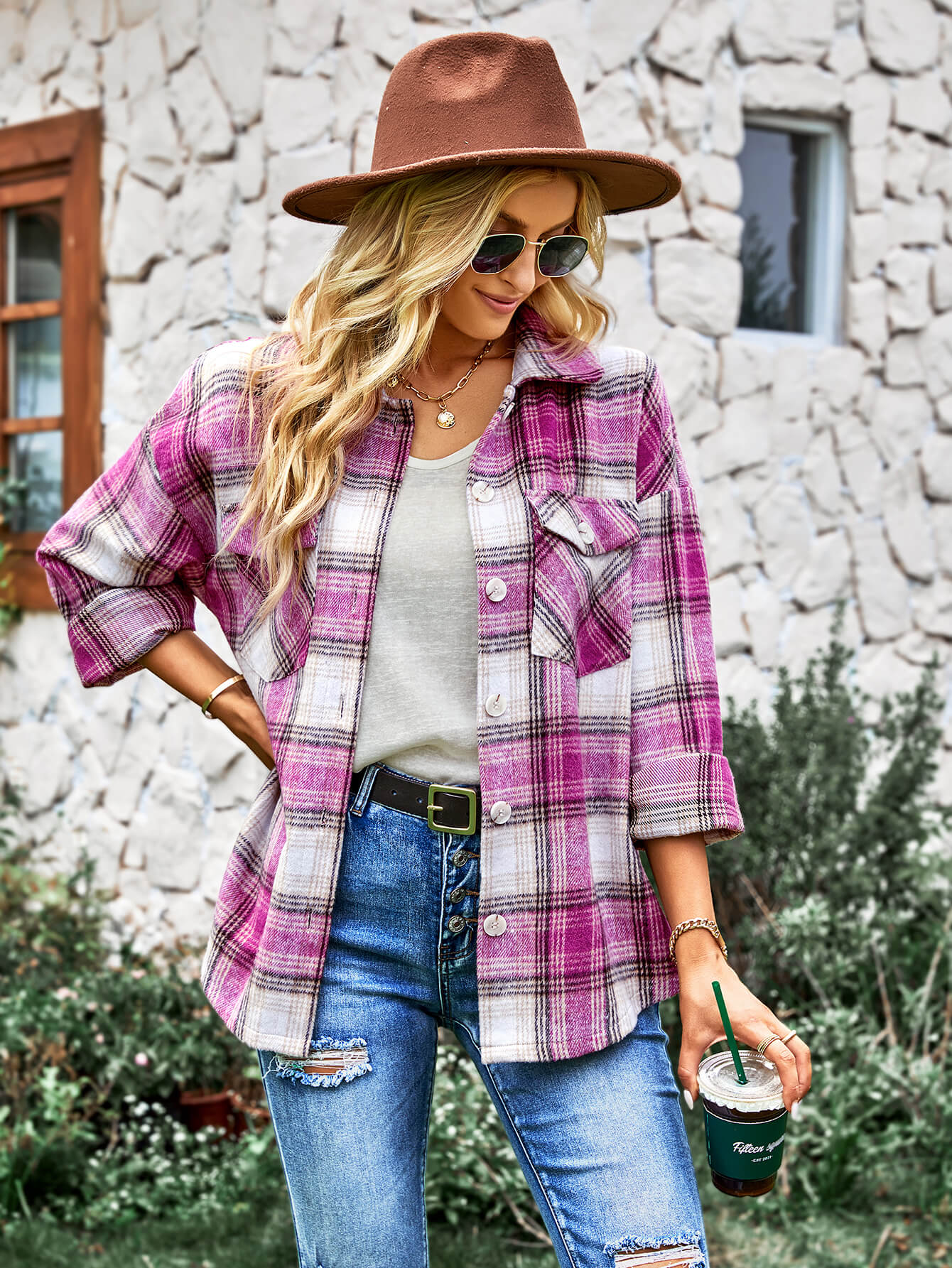 TYPICAL FALL POCKETED PLAID SHACKET - PINK - Image 4