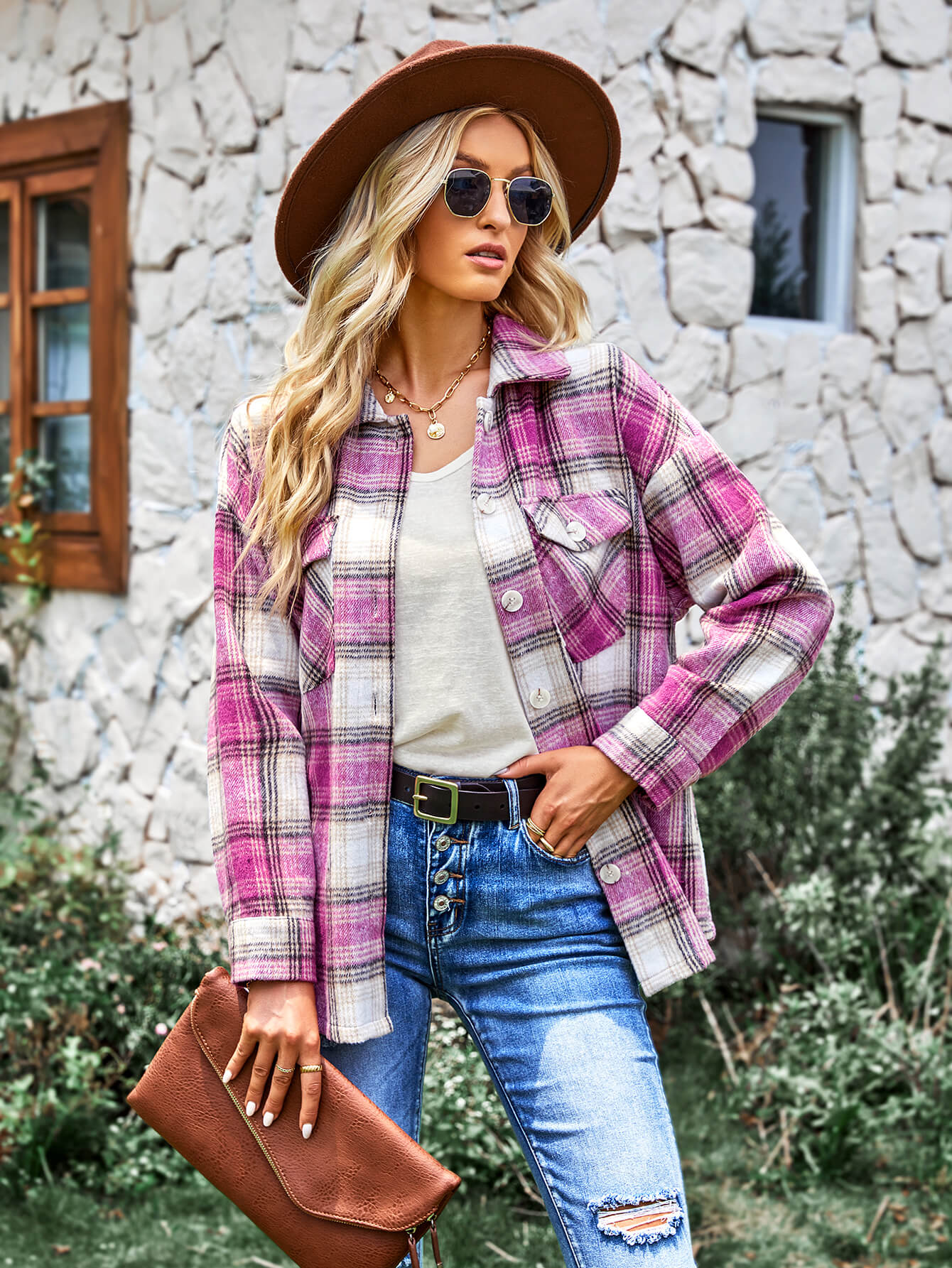 TYPICAL FALL POCKETED PLAID SHACKET - PINK - Image 6