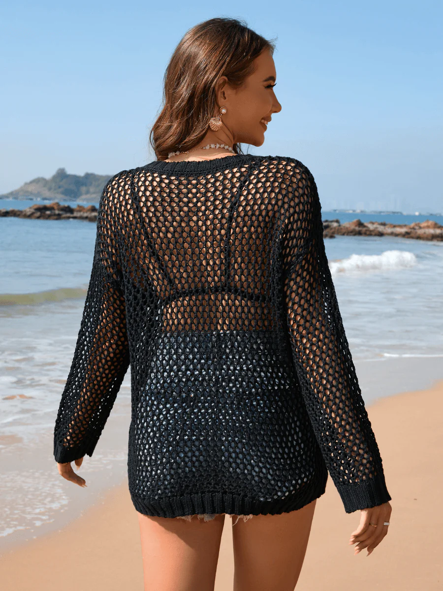 Vacation Star Cover-Up Crochet Knit Sweater - Black - Image 5