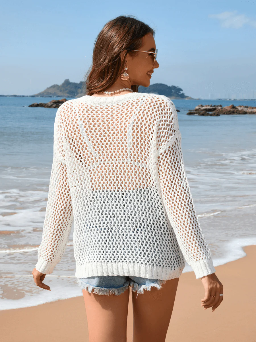 Vacation Star Cover-Up Crochet Knit Sweater - White - Image 5