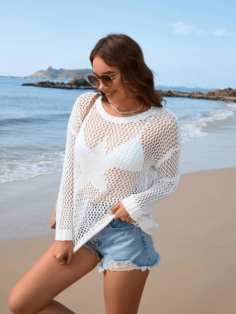 Vacation Star Cover-Up Crochet Knit Sweater - White - Image 6