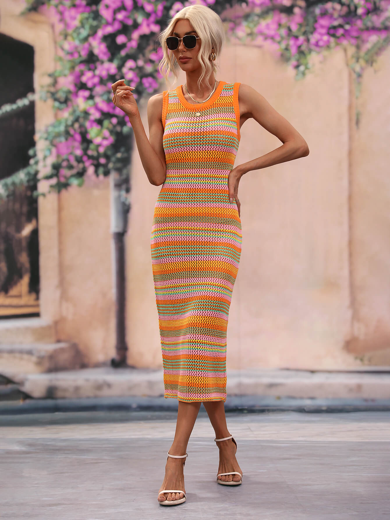 VACAYS CHEVRON KNIT MIDI DRESS - ORANGE - Image 4