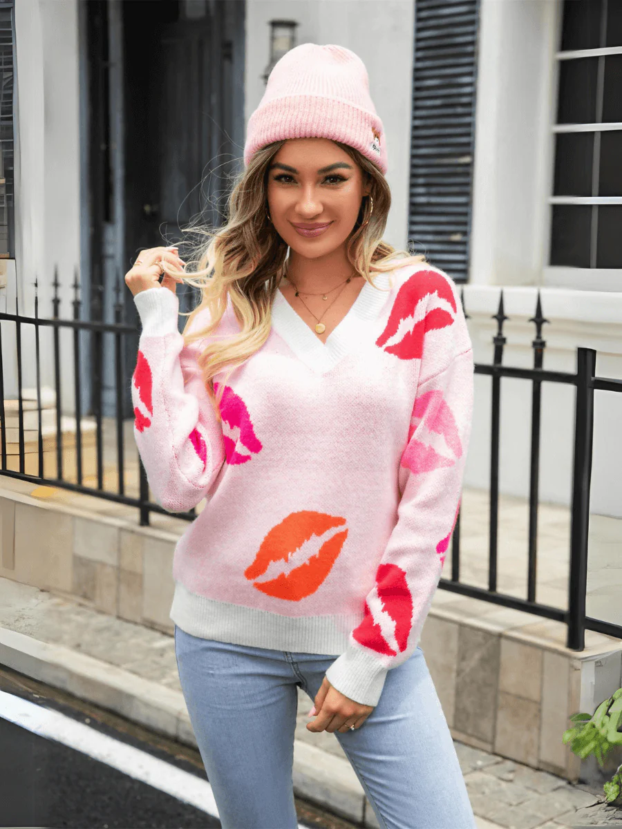 Valentine Kiss Knit Sweater - Pink