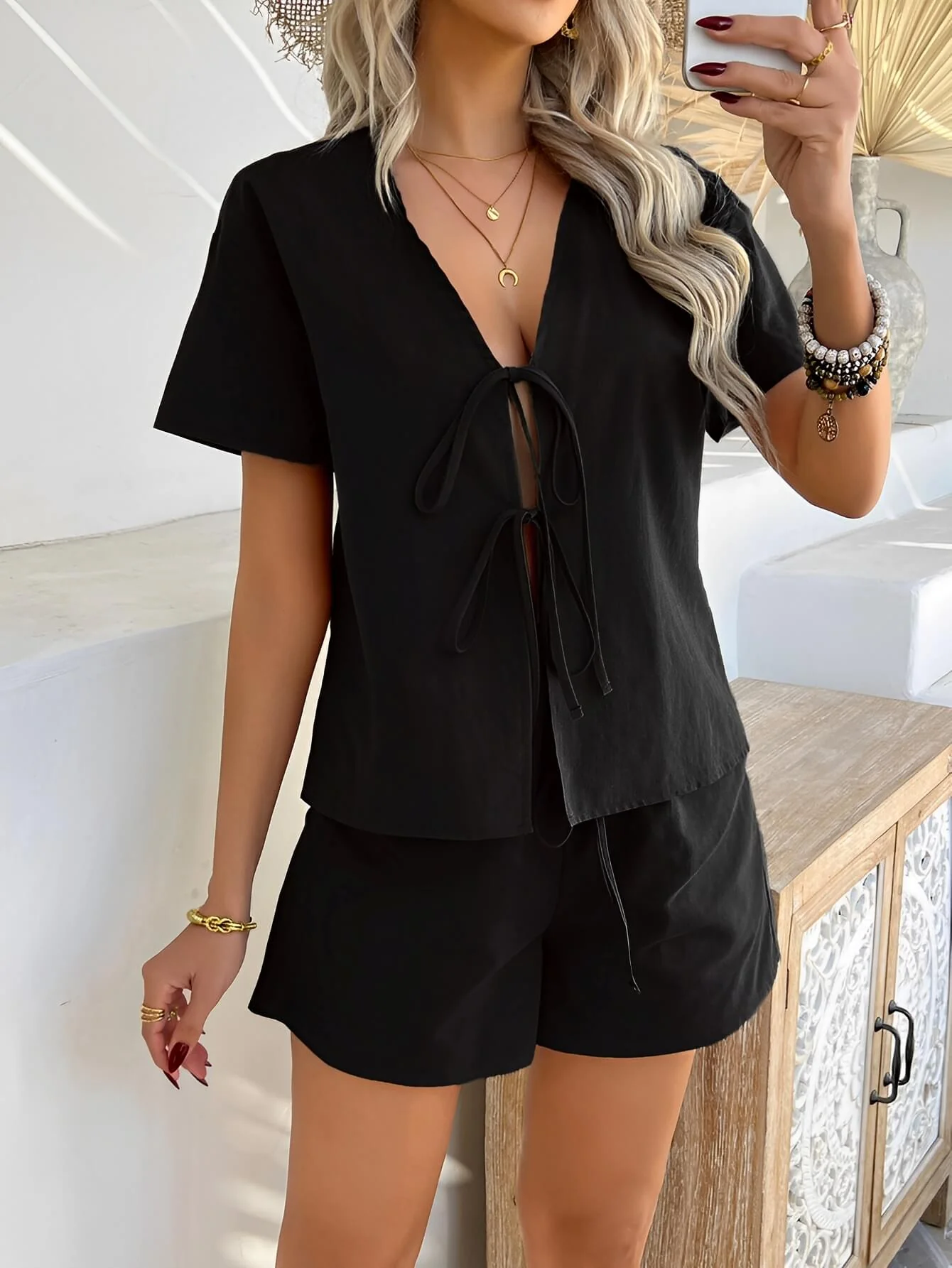 Valeria Front Tie Cotton Matching Sets - black - Image 6