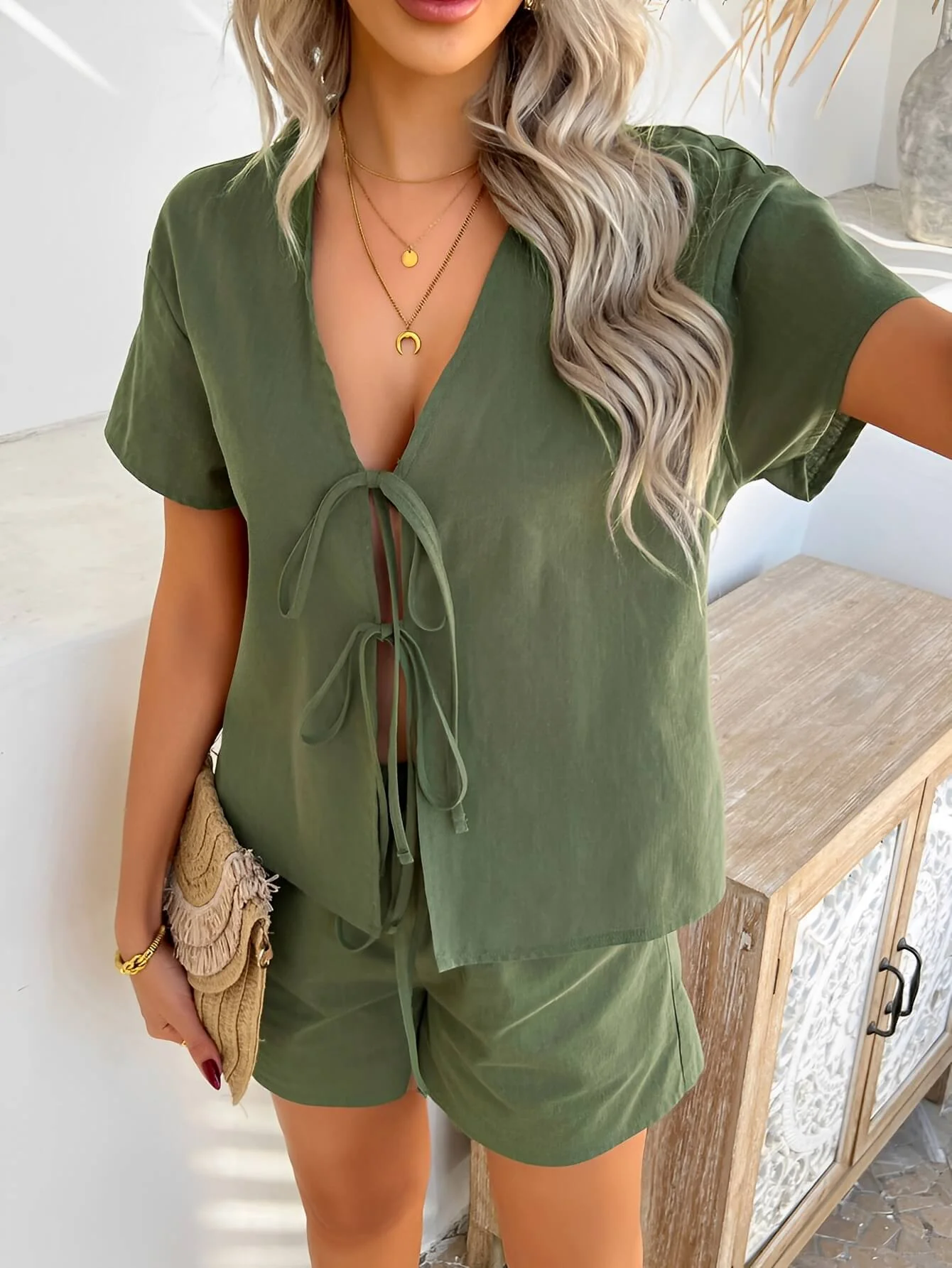 Valeria Front Tie Cotton Matching Sets - olive - Image 4