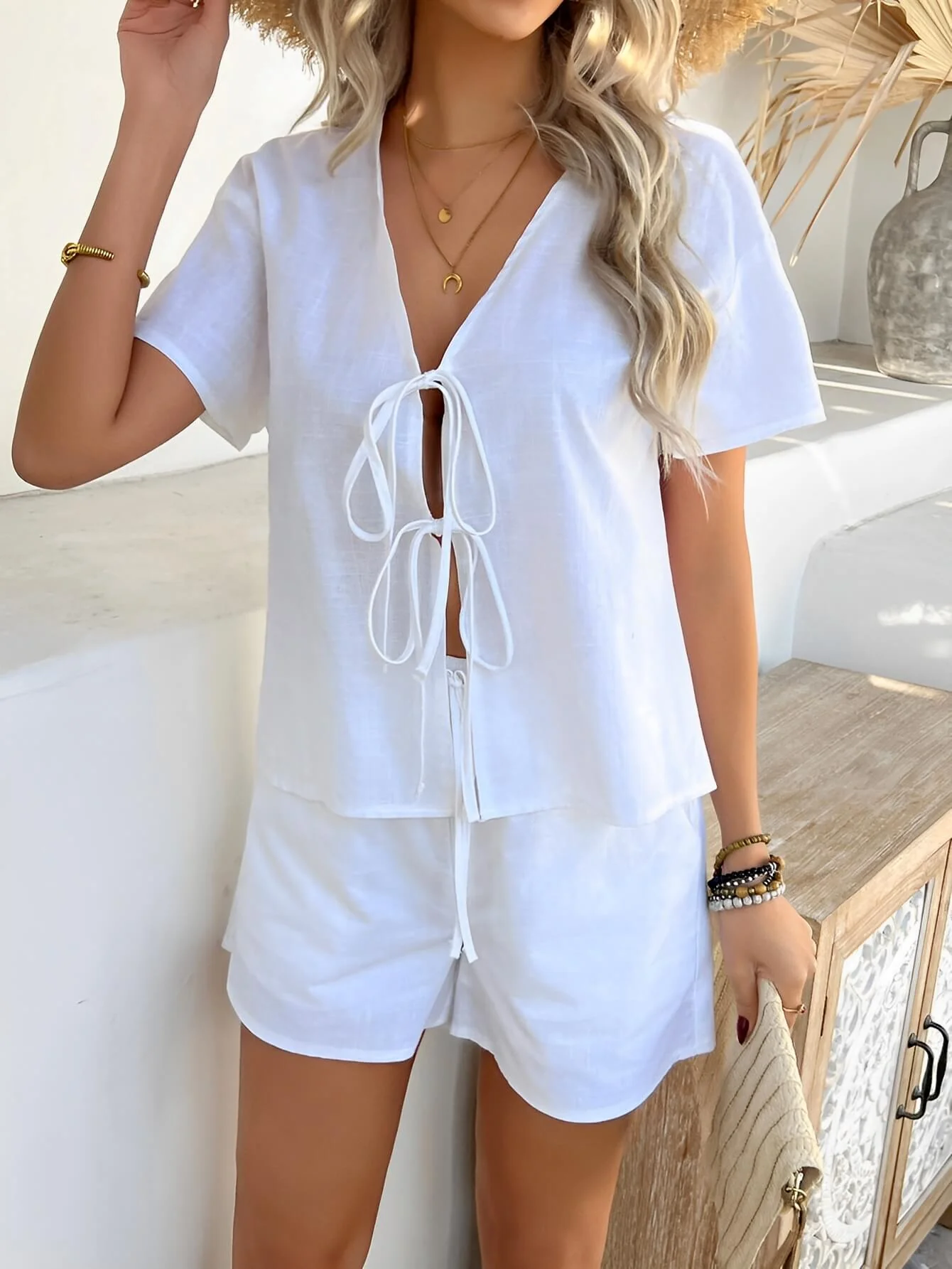 Valeria Front Tie Cotton Matching Sets - white - Image 3