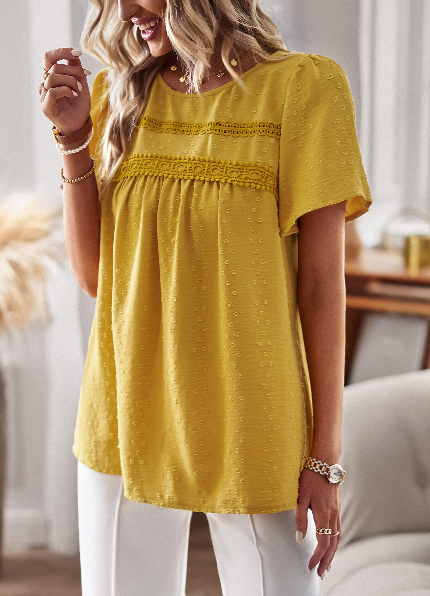 Ventura Lace Trim Short Sleeve Top - Mustard - Image 3
