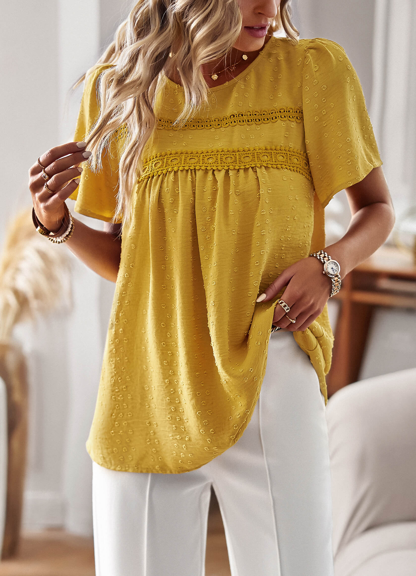 Ventura Lace Trim Short Sleeve Top - Mustard - Image 4