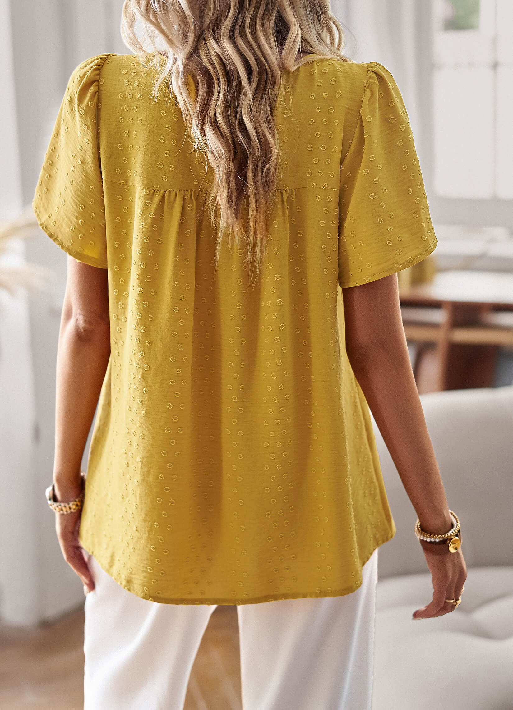 Ventura Lace Trim Short Sleeve Top - Mustard - Image 5
