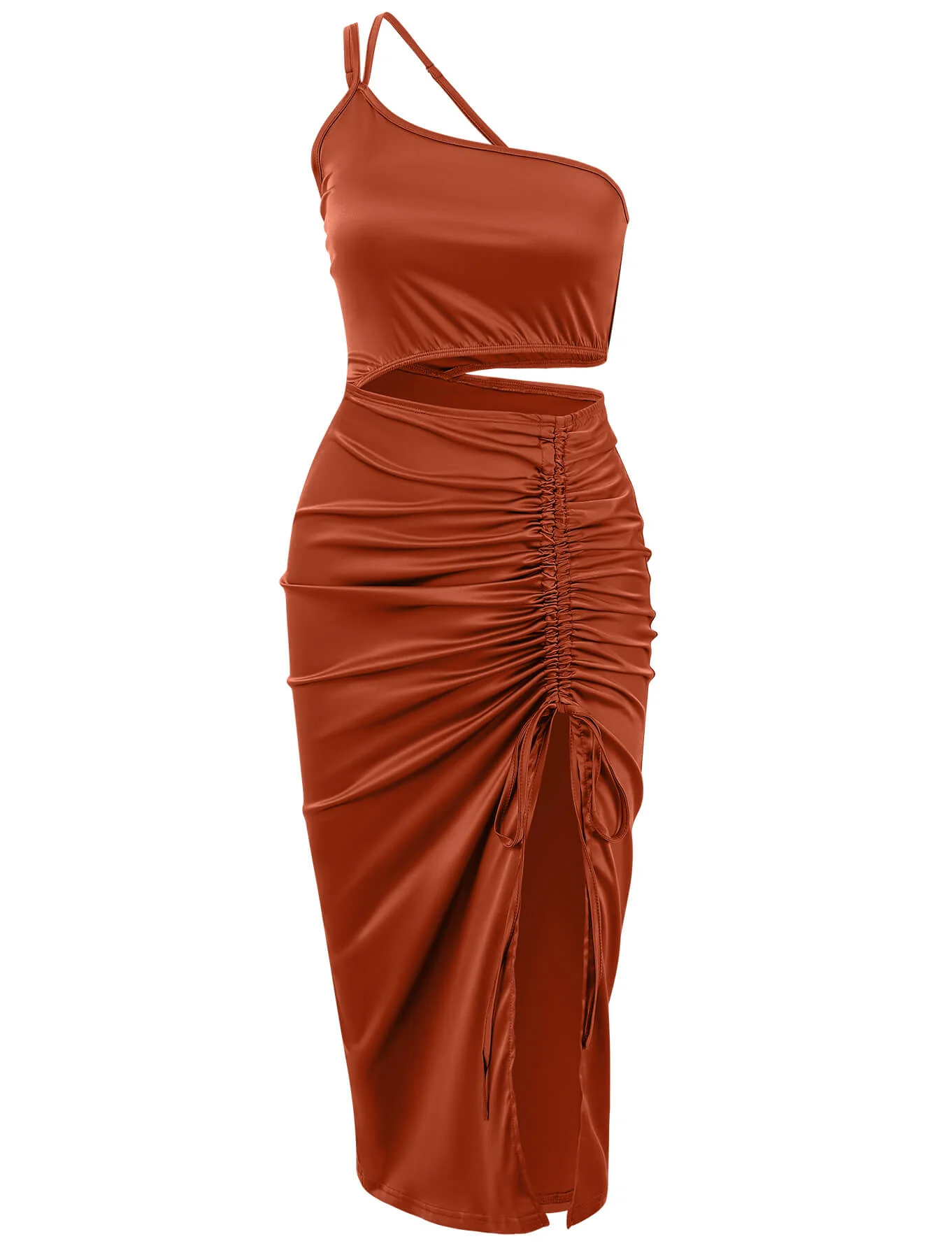 Vianne One-Shoulder Satin Midi Dress - Brown - Image 7
