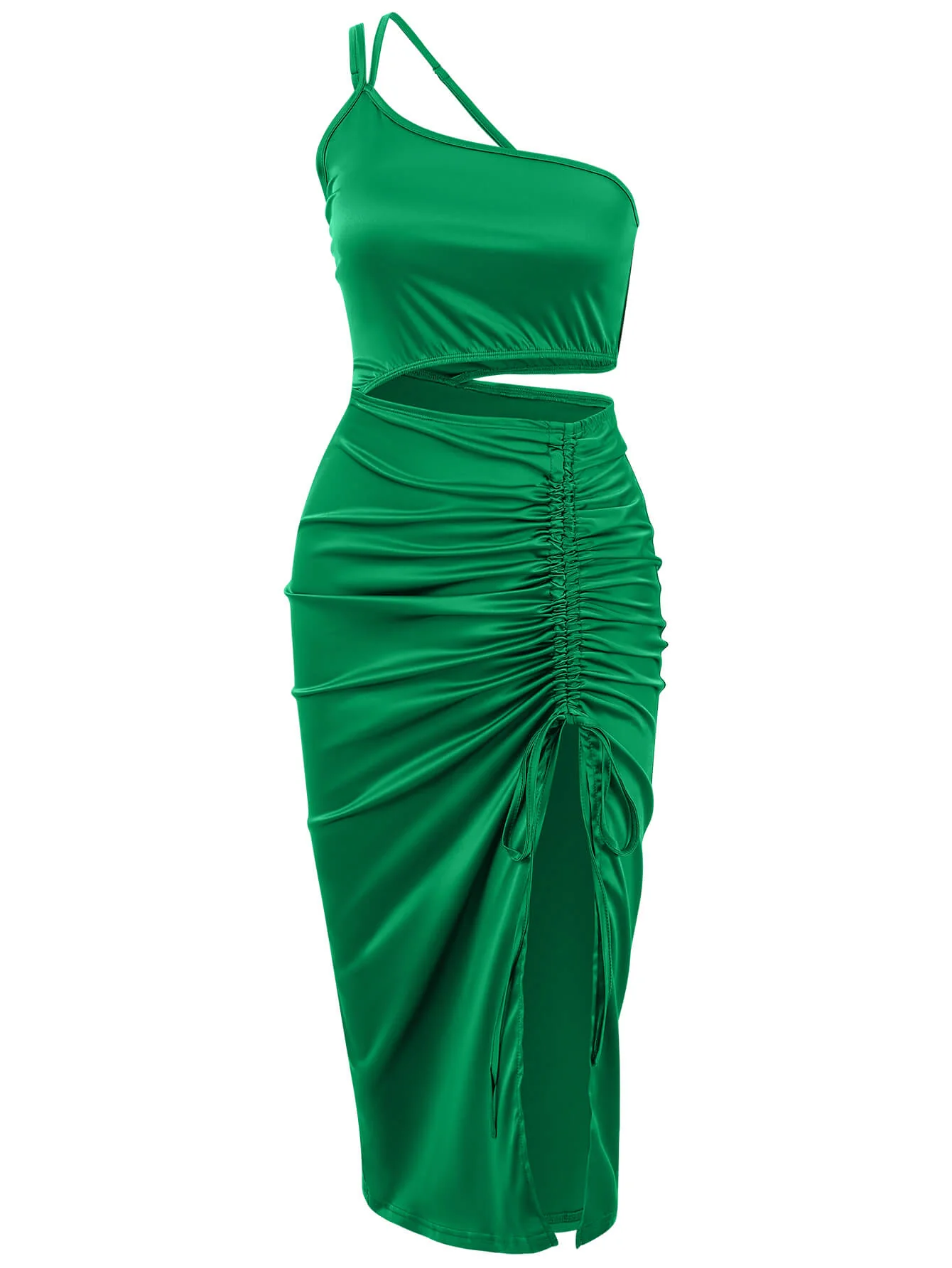 Vianne One-Shoulder Satin Midi Dress - Emerald - Image 7