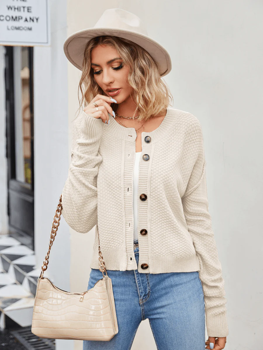 Wafflemate Button Front Knit Cardigan - Beige - Image 3