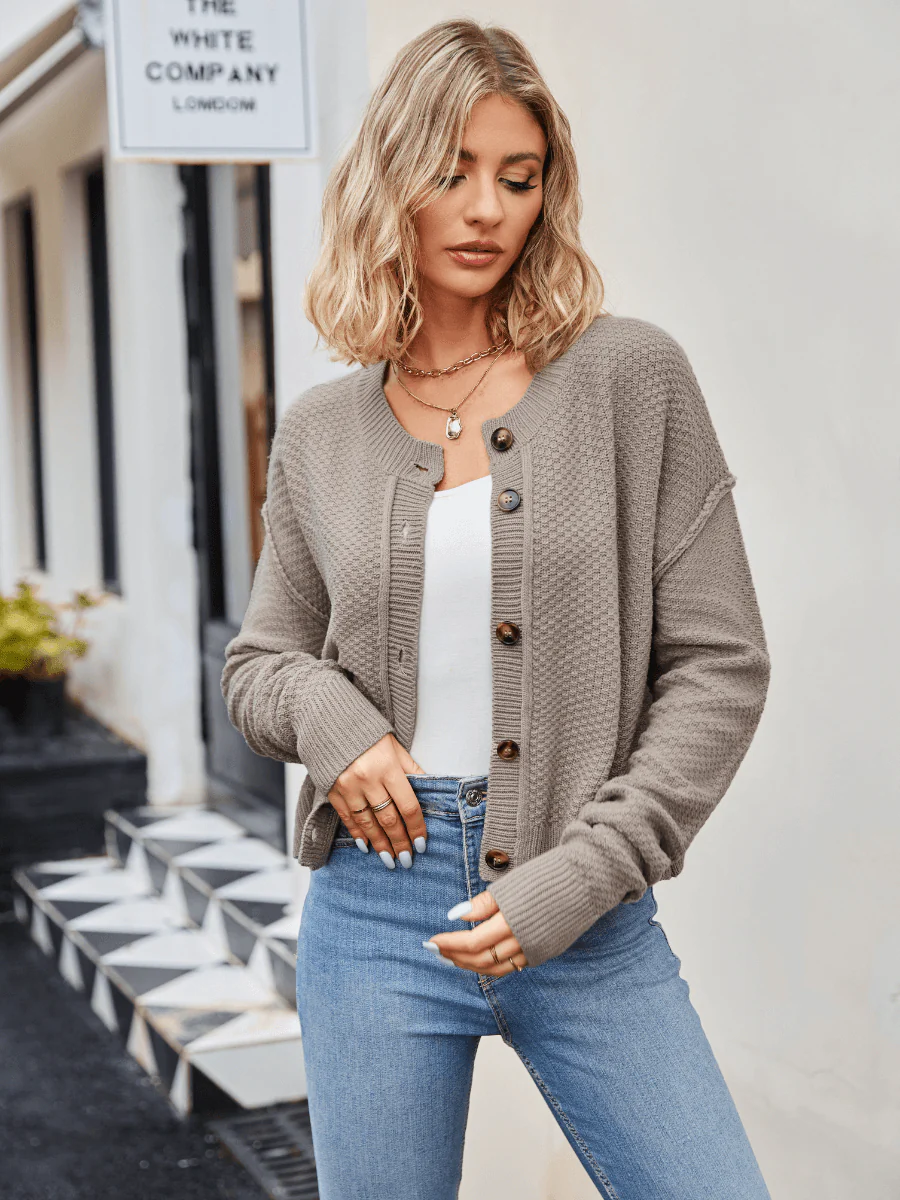 Wafflemate Button Front Knit Cardigan - Khaki - Image 4