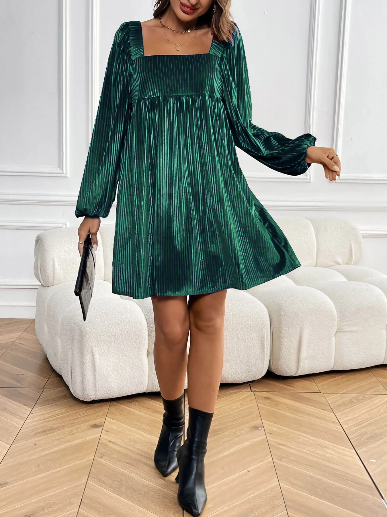 Winny Corduroy Babydoll Mini Dress - Emerald - Image 6