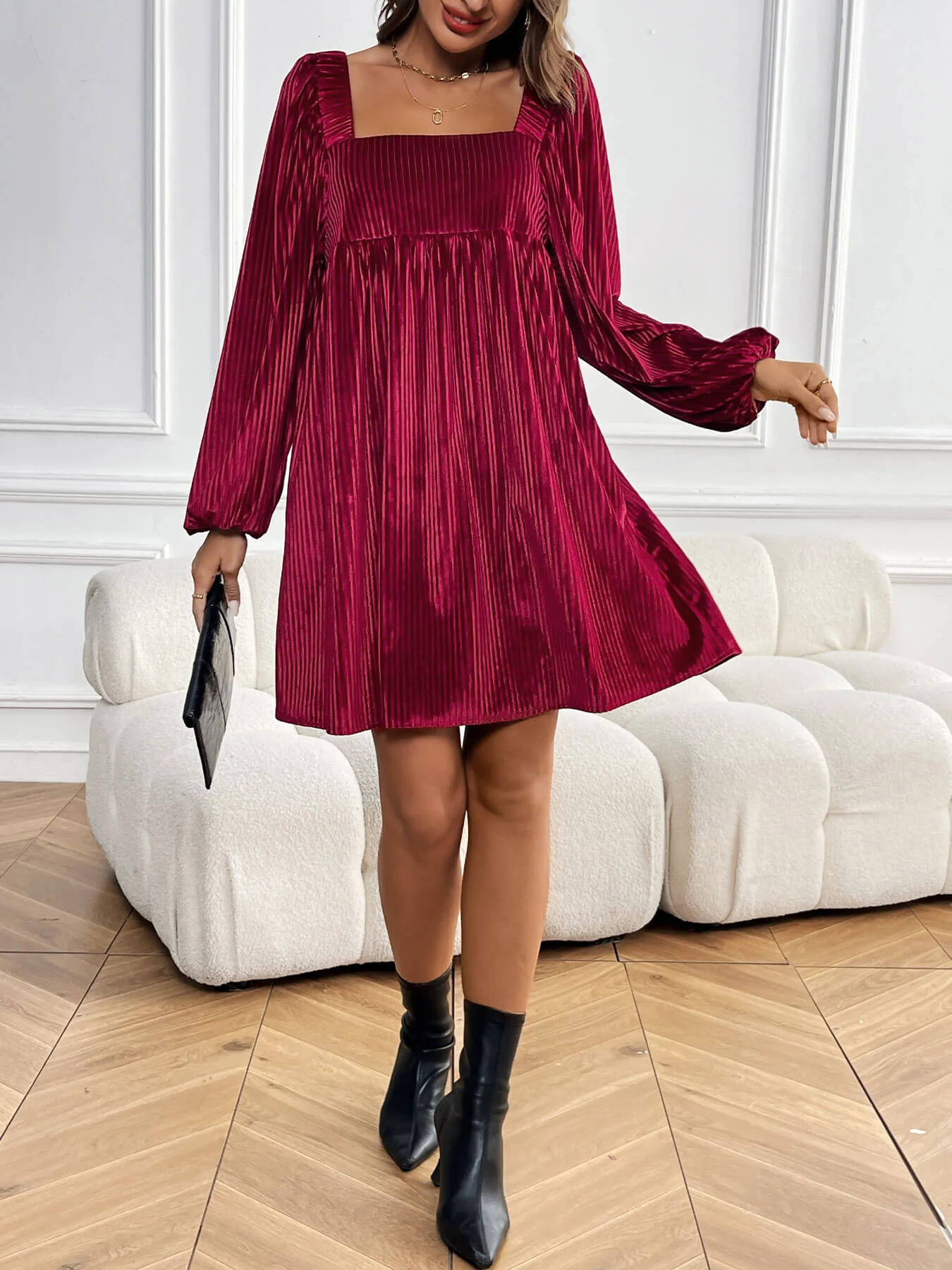 Winny Corduroy Babydoll Mini Dress - maroon