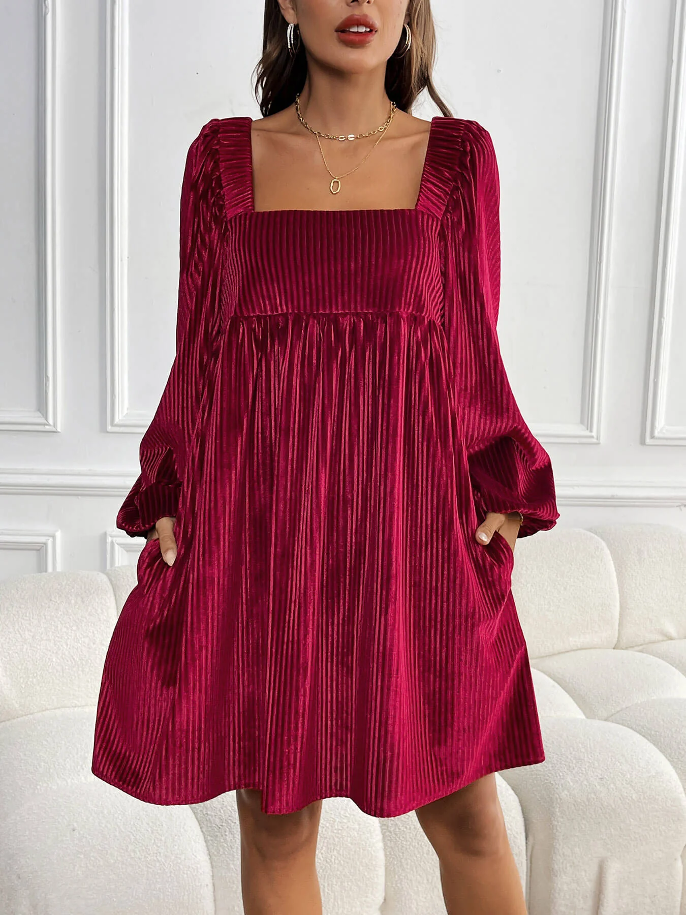 Winny Corduroy Babydoll Mini Dress - maroon - Image 3