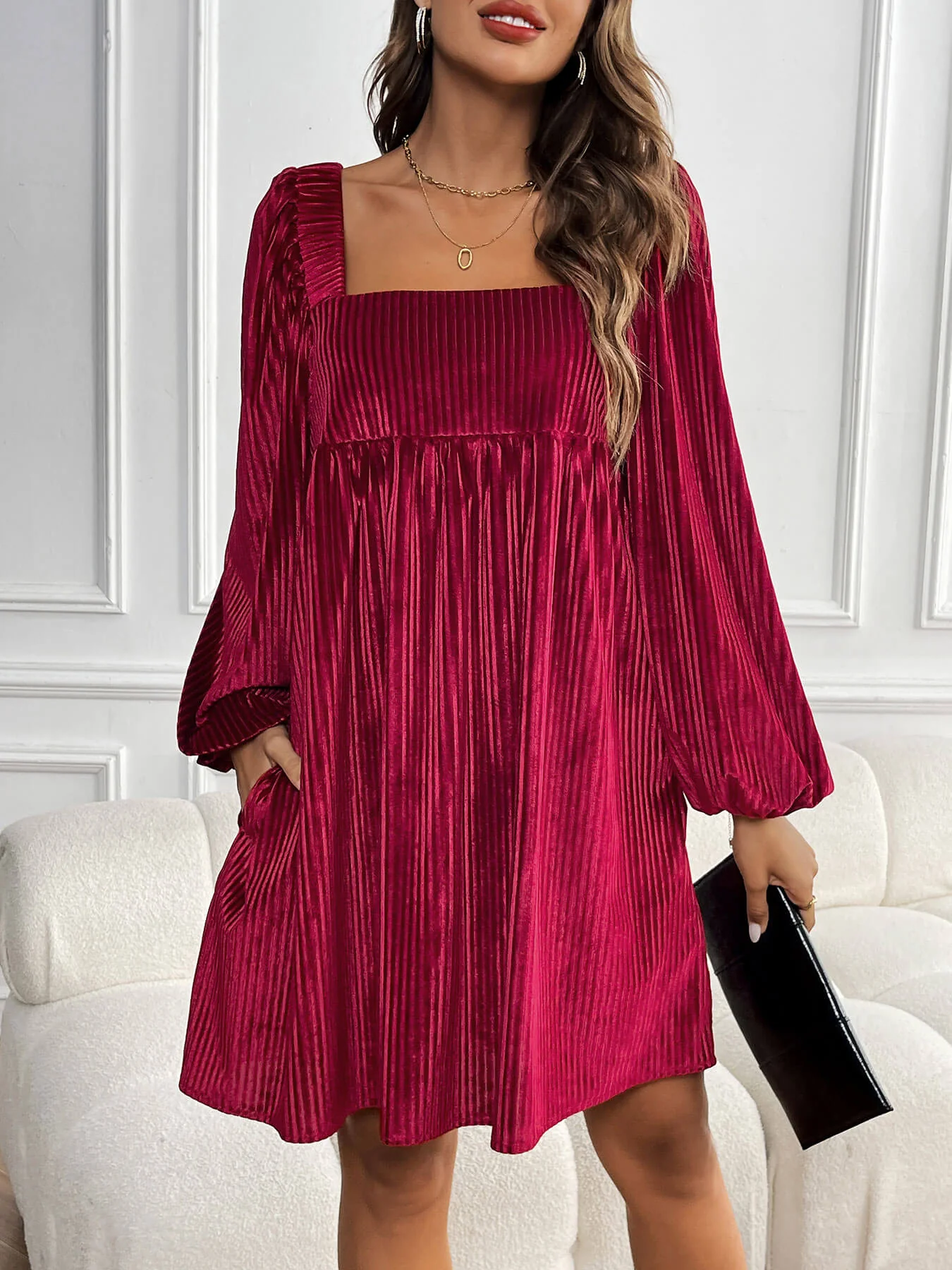Winny Corduroy Babydoll Mini Dress - maroon - Image 5
