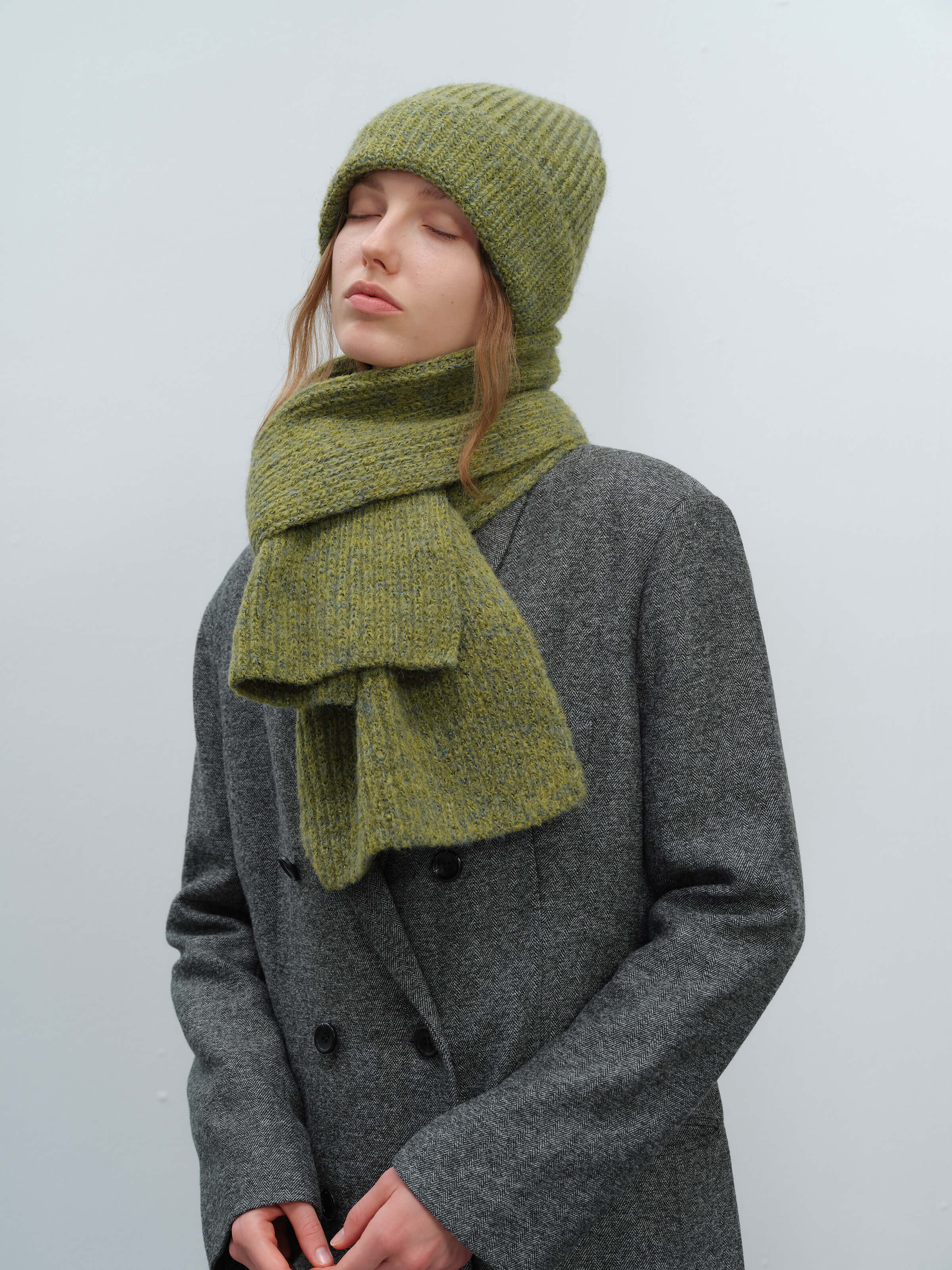 Wool Blend Cloud Beanie Scarf Matching Set - Olive - Image 2
