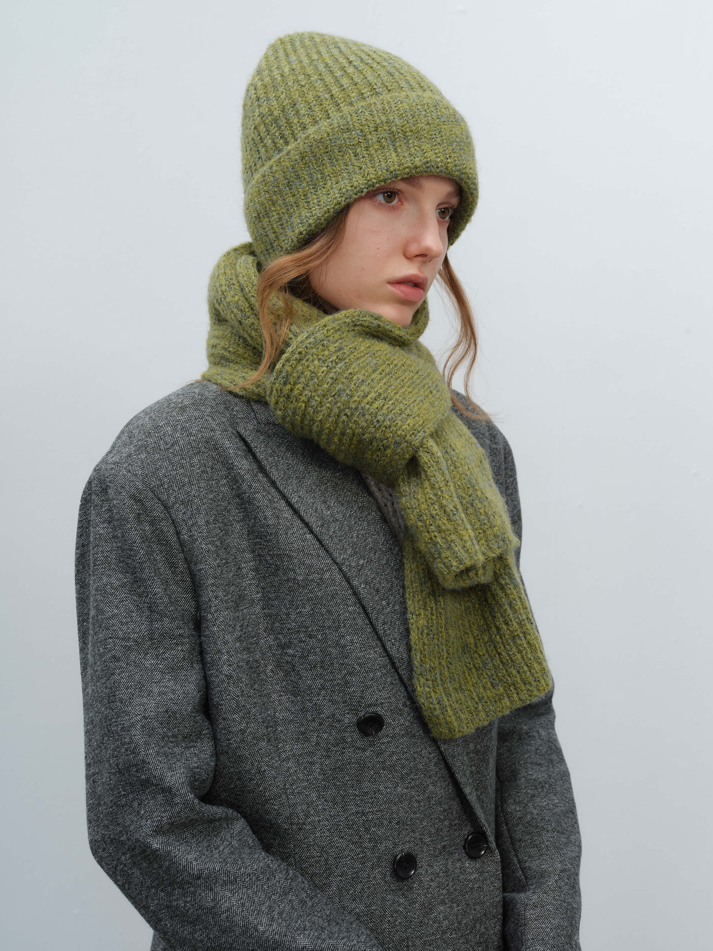 Wool Blend Cloud Beanie Scarf Matching Set - Olive - Image 3