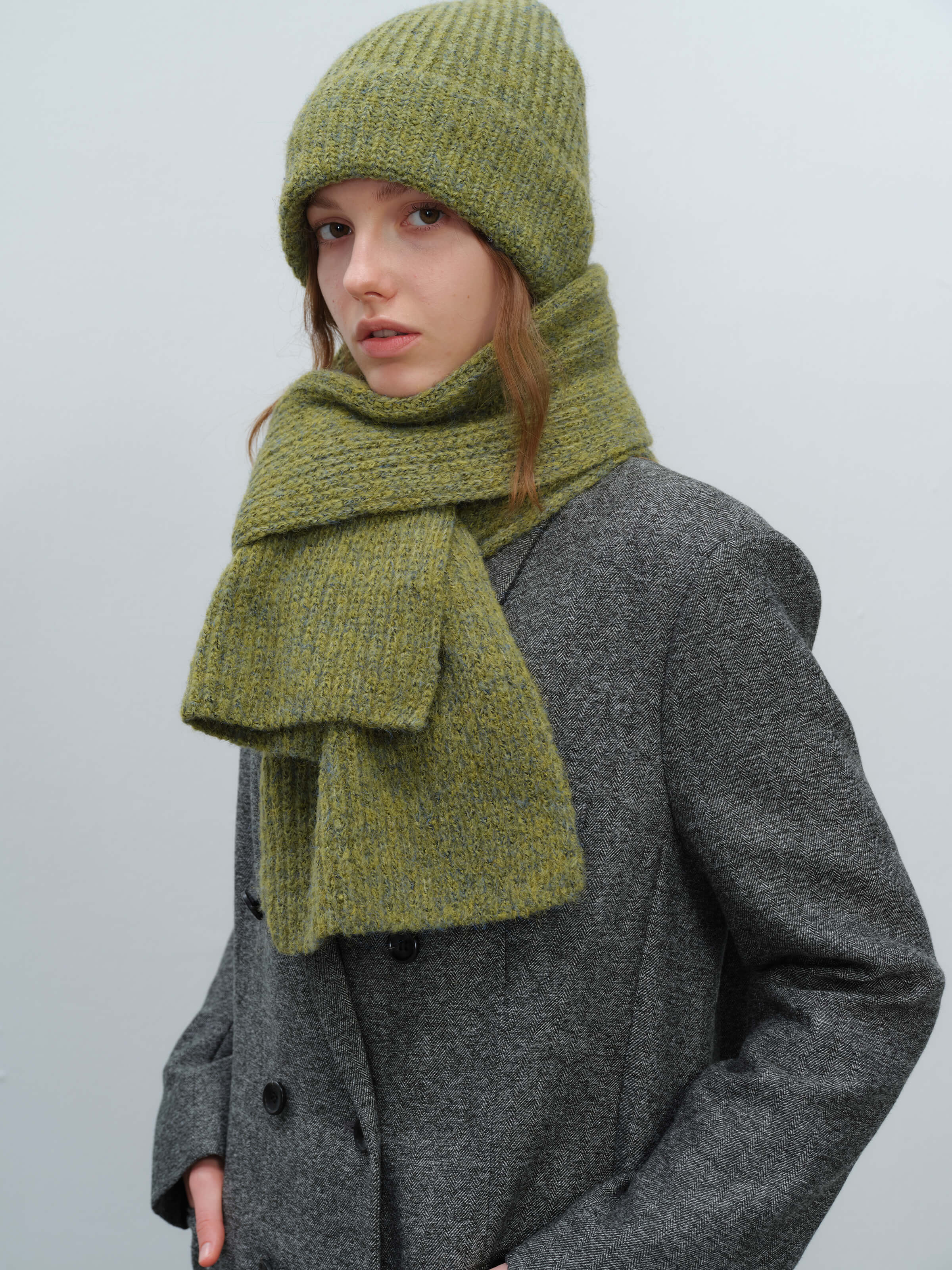 Wool Blend Cloud Beanie Scarf Matching Set - Olive - Image 4