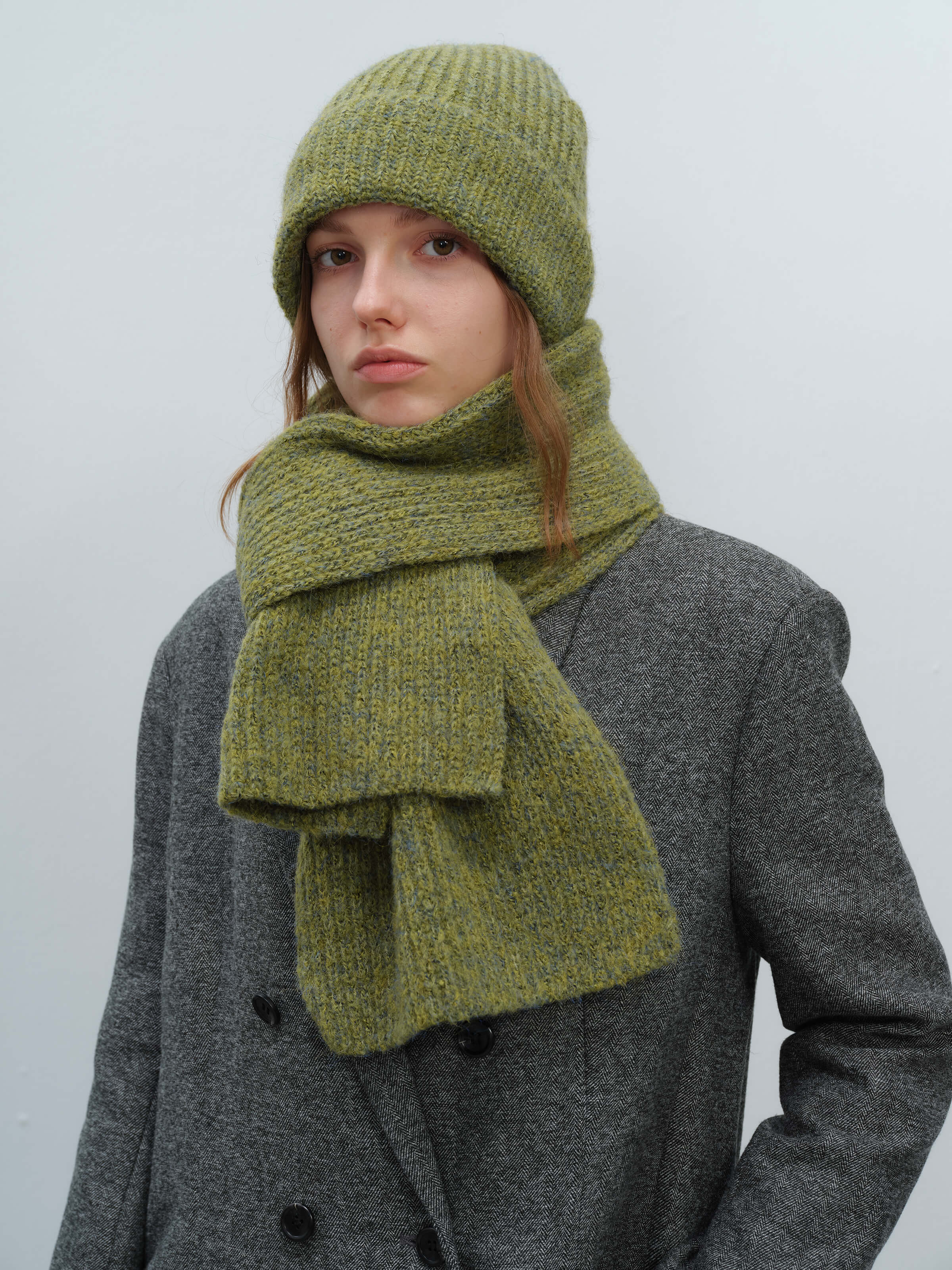 Wool Blend Cloud Beanie Scarf Matching Set - Olive - Image 5