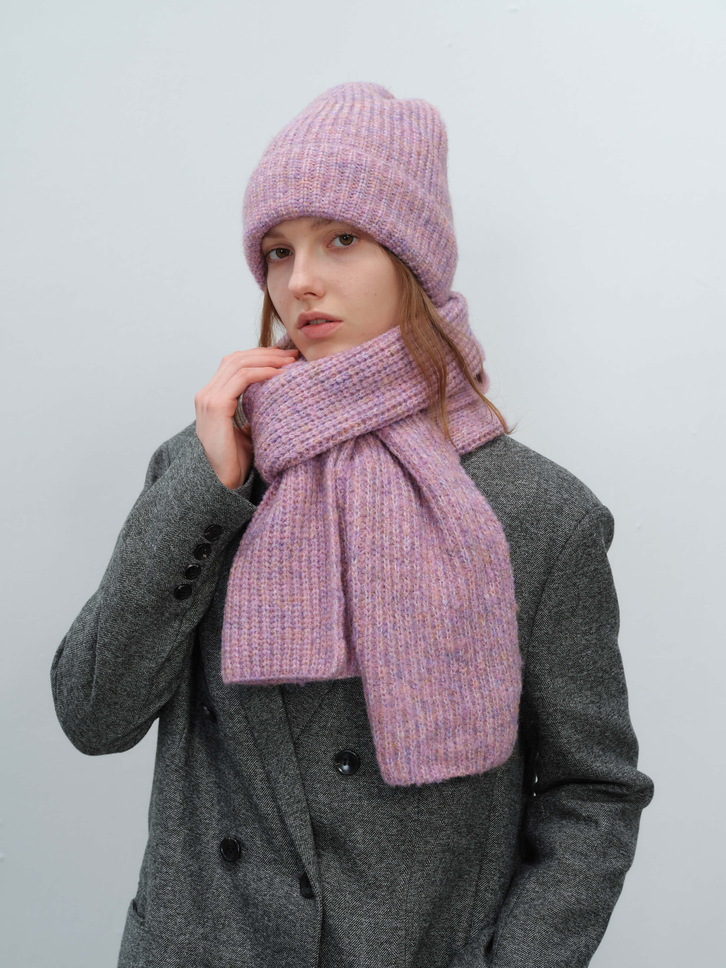 Wool Blend Cloud Beanie Scarf Matching Set - Purple - Image 2