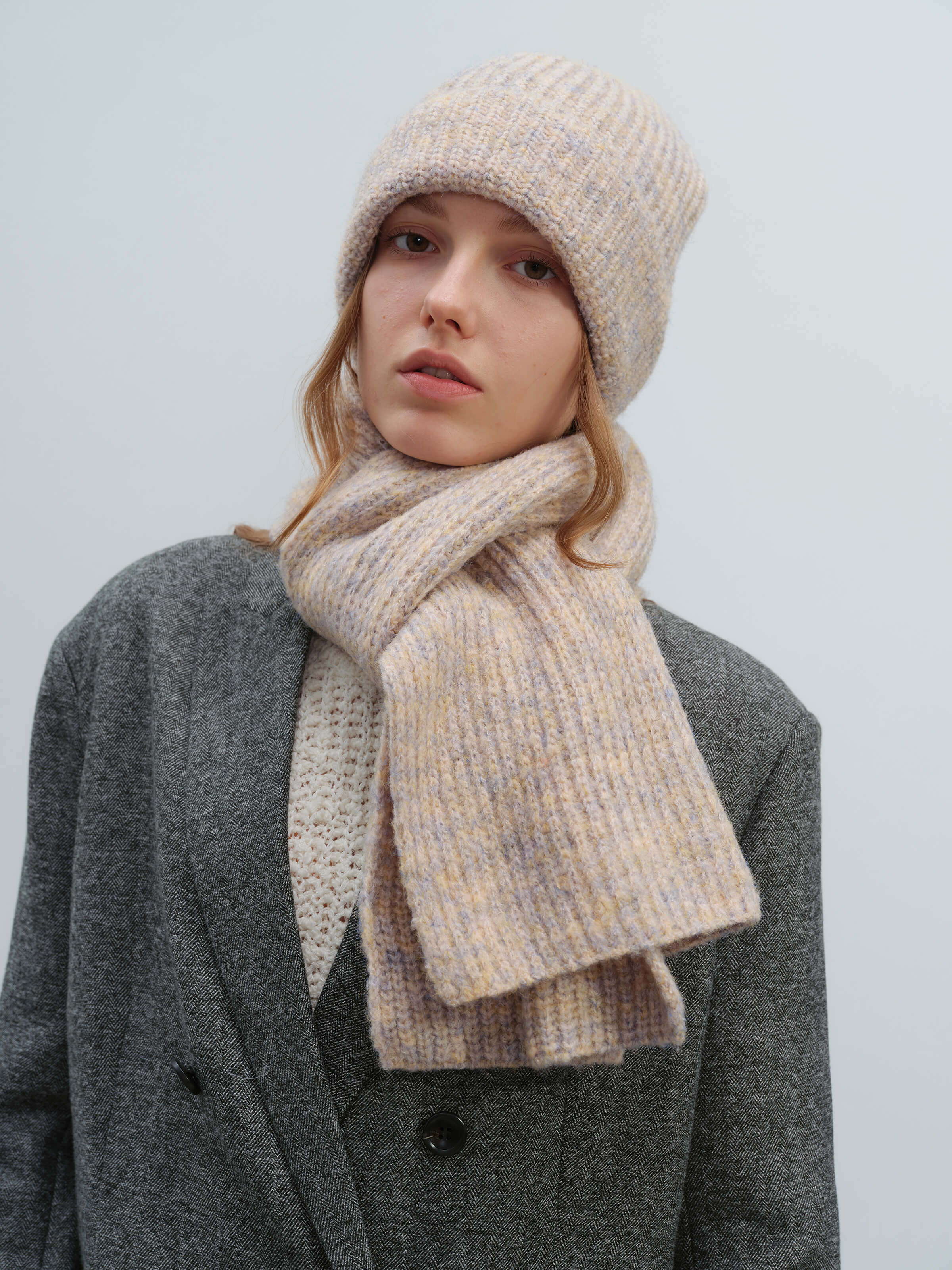 Wool Blend Cloud Beanie Scarf Matching Set - Taupe - Image 2