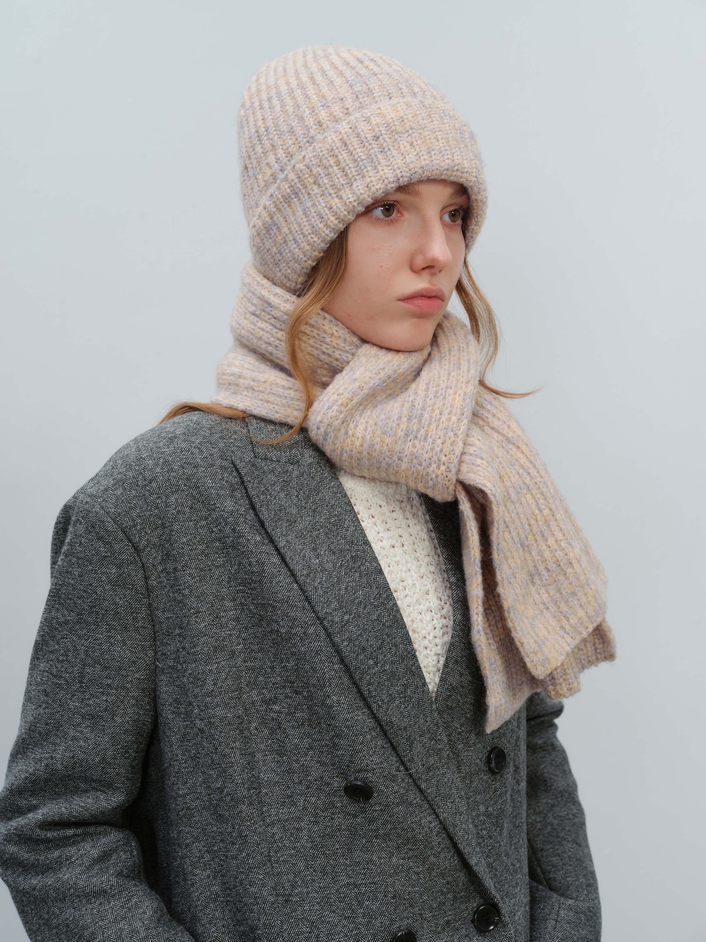 Wool Blend Cloud Beanie Scarf Matching Set - Taupe - Image 4