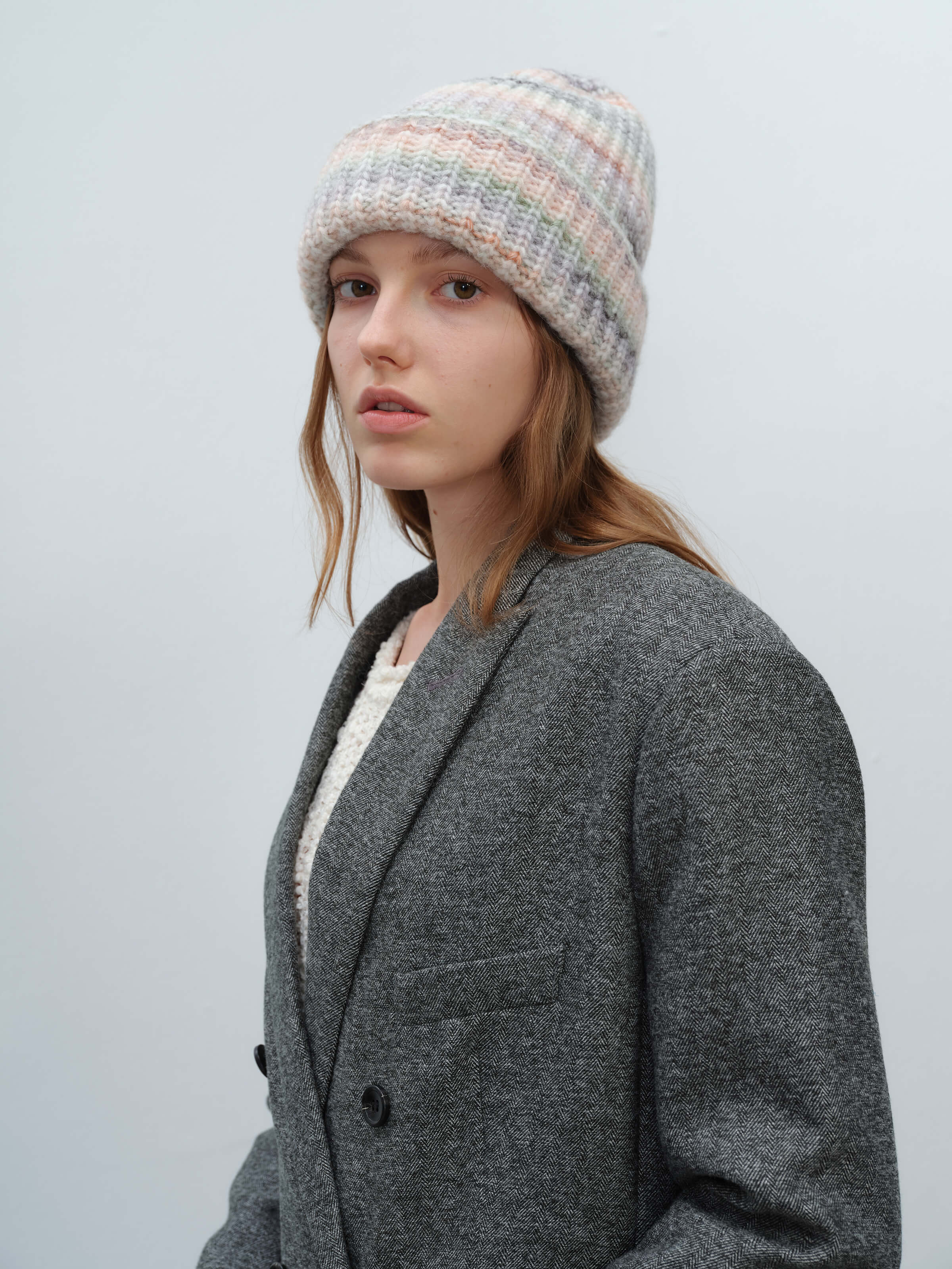Wool Blend Gradient Knit Beanie - Cream - Image 2