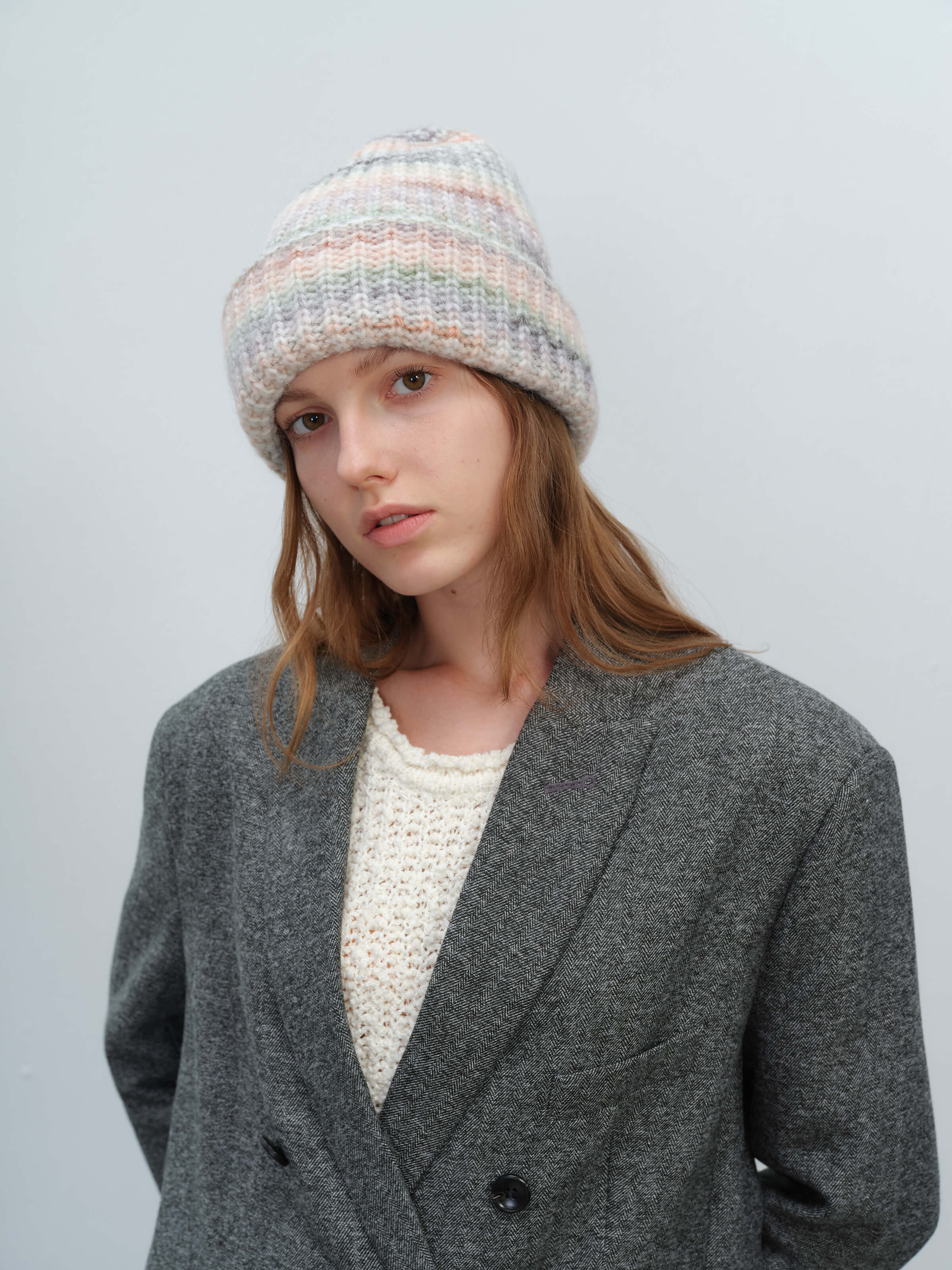 Wool Blend Gradient Knit Beanie - Cream - Image 3