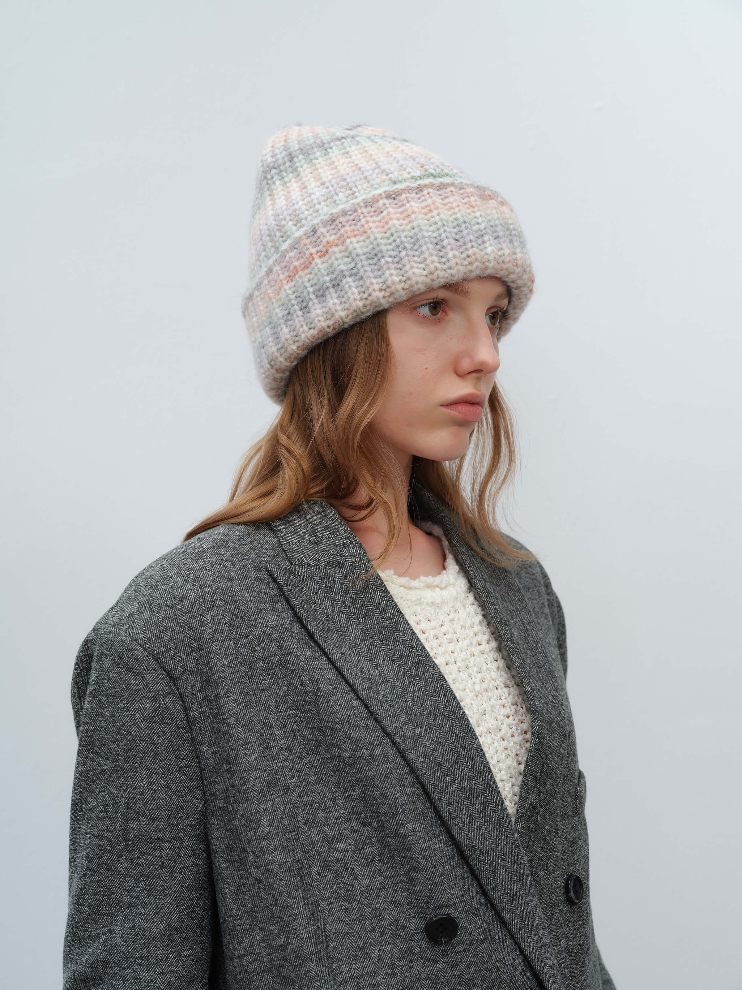 Wool Blend Gradient Knit Beanie - Cream - Image 4